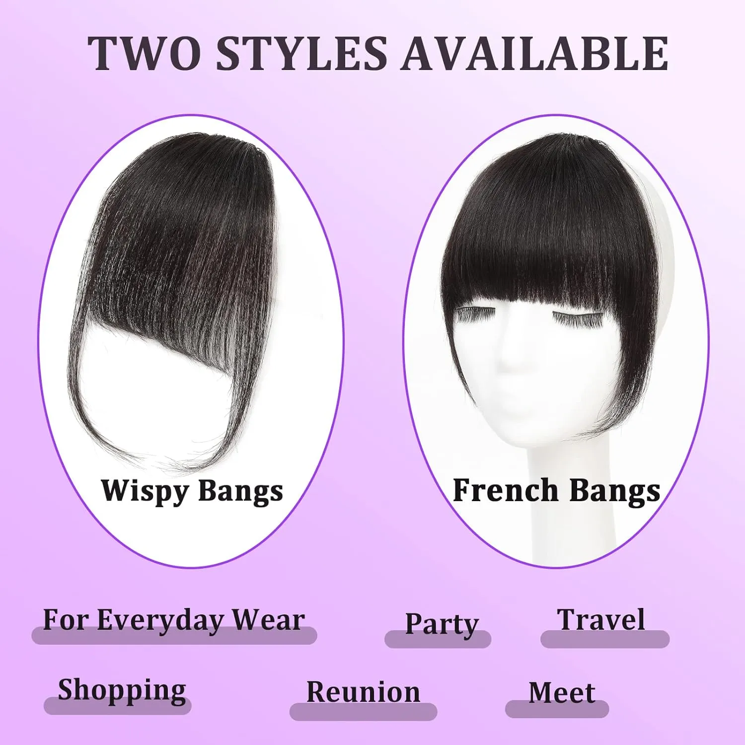 100% Human Hair Clip in Bangs,Women Air Thinning Curtain Flat Brown Black Bangs, Natural Curved Wispy Bangs,Faux fake Bangs