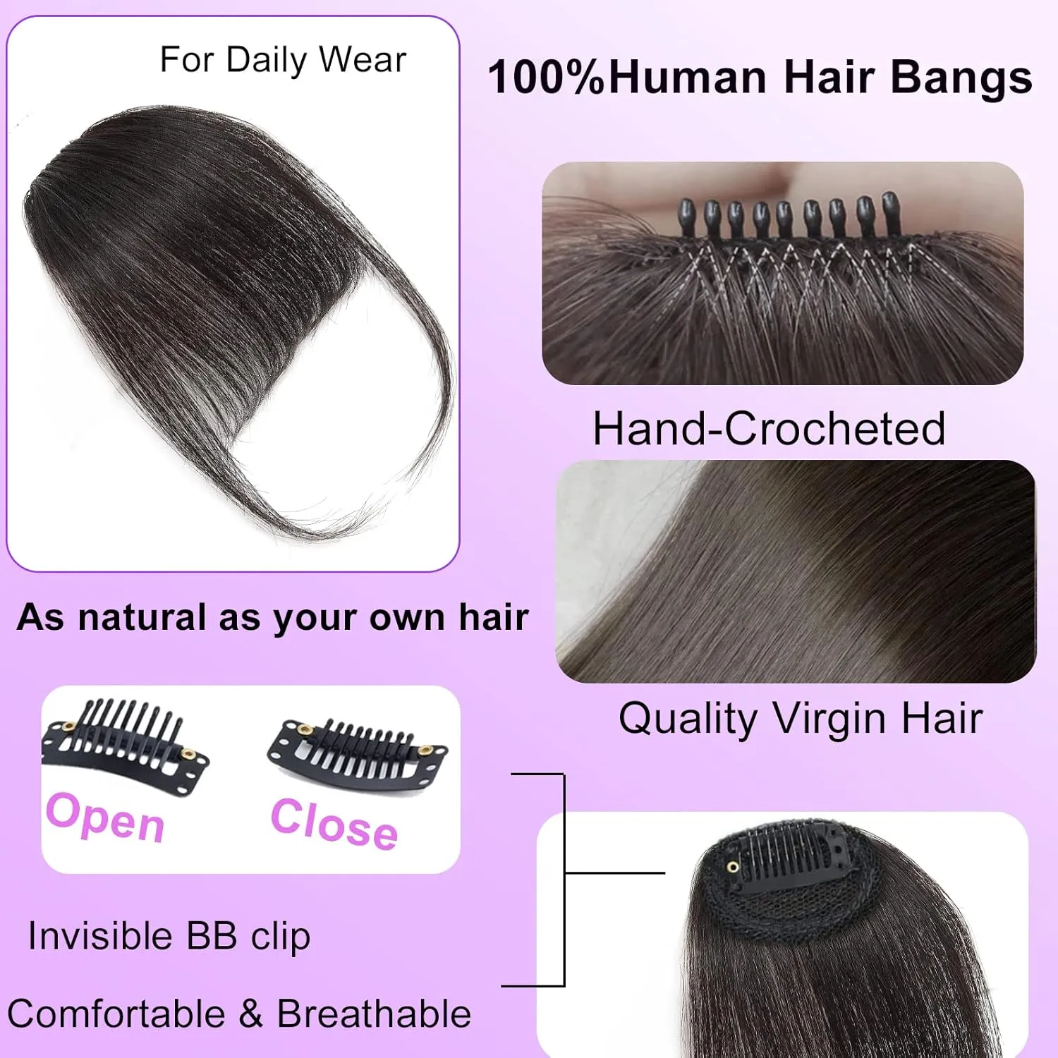 100% Human Hair Clip in Bangs,Women Air Thinning Curtain Flat Brown Black Bangs, Natural Curved Wispy Bangs,Faux fake Bangs