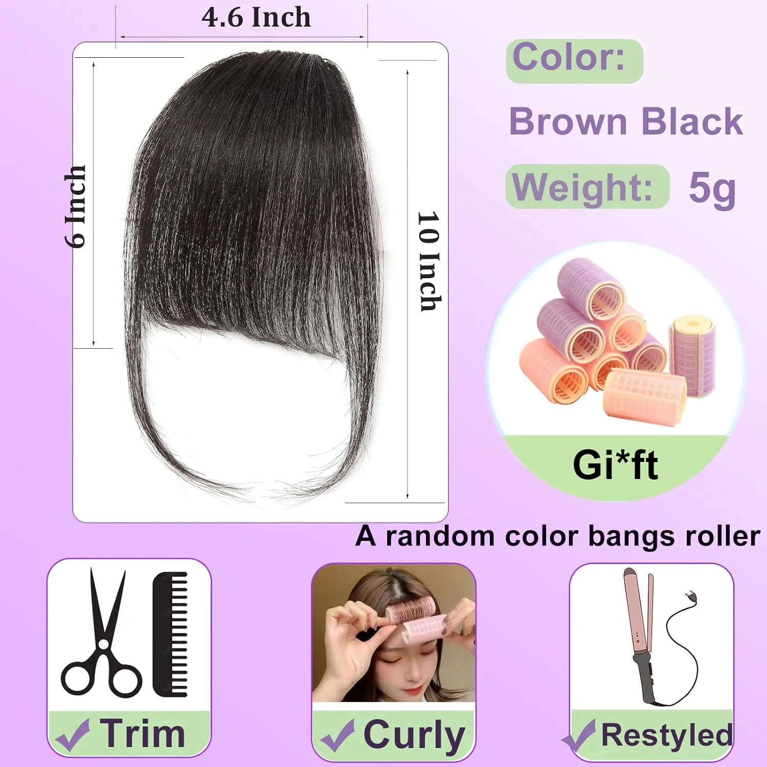 100% Human Hair Clip in Bangs,Women Air Thinning Curtain Flat Brown Black Bangs, Natural Curved Wispy Bangs,Faux fake Bangs