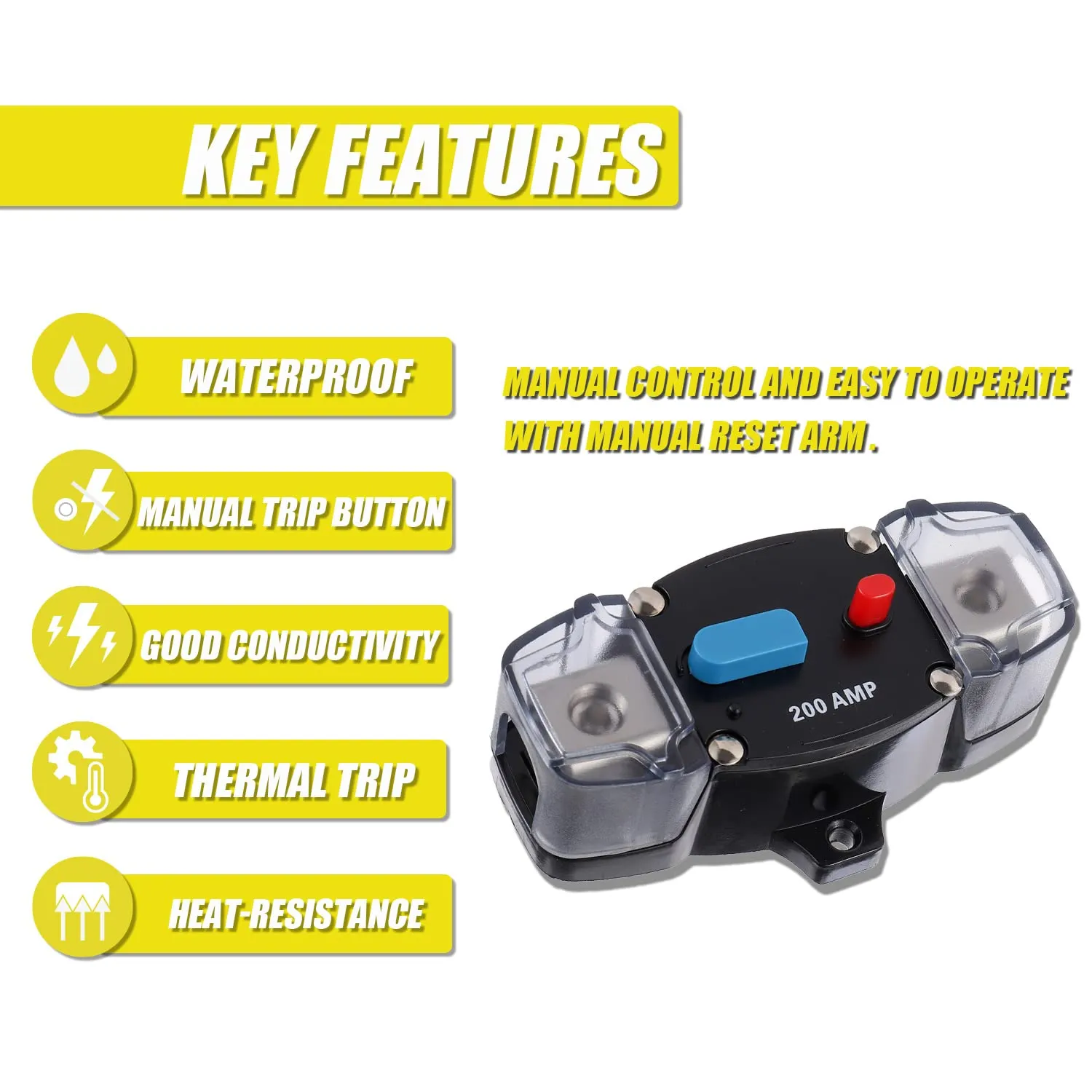200A 12-48 Volt DC Self Recovery Circuit Breaker with Manual Reset Button for Automotive Rv Marine Boat (200Amp)