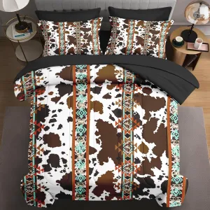5 Pcs Twin Size Comforter Set with Pillowcase & Sham, Cow Brown Cowhide Bedding for Kids and Adults, Animal Vintage Retro Bed in a Bag with Flat Fitted Sheet