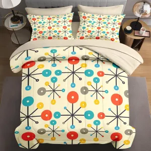 7 Pcs King Size Comforter Set with 2 Pillowcases & 2 Shams, Retro Mid Century Atomic Bedding for Kids and Adults, 50S Vintage Geometric Bed in a Bag with Flat Fitted Sheet