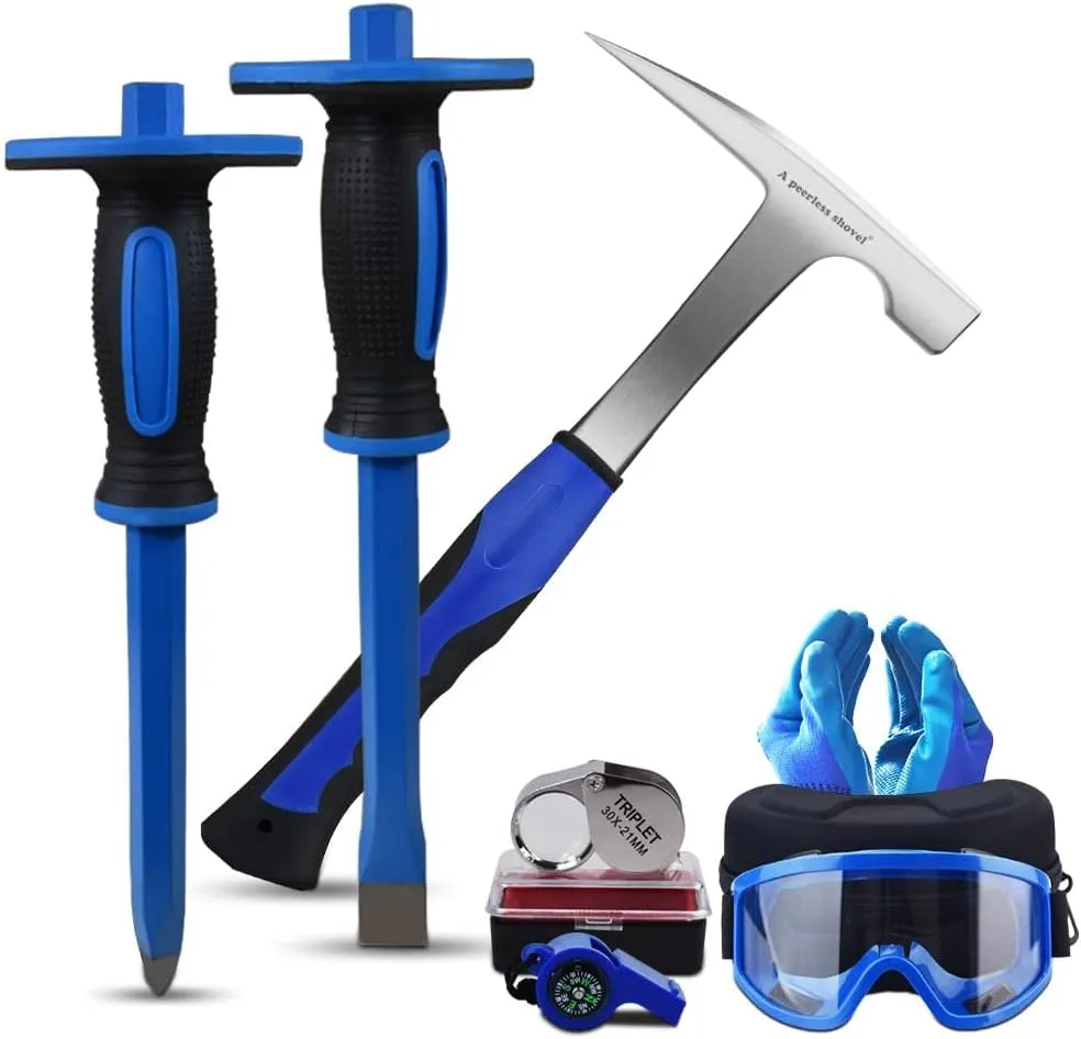 8 PCS Geology Rock Pick Equipment Kit,2 Rock Digging chisels with Protective Caps and 21oz Hammer,Digging Chisel Set,Gold mining and Tool Set for Hounding (BLUE)