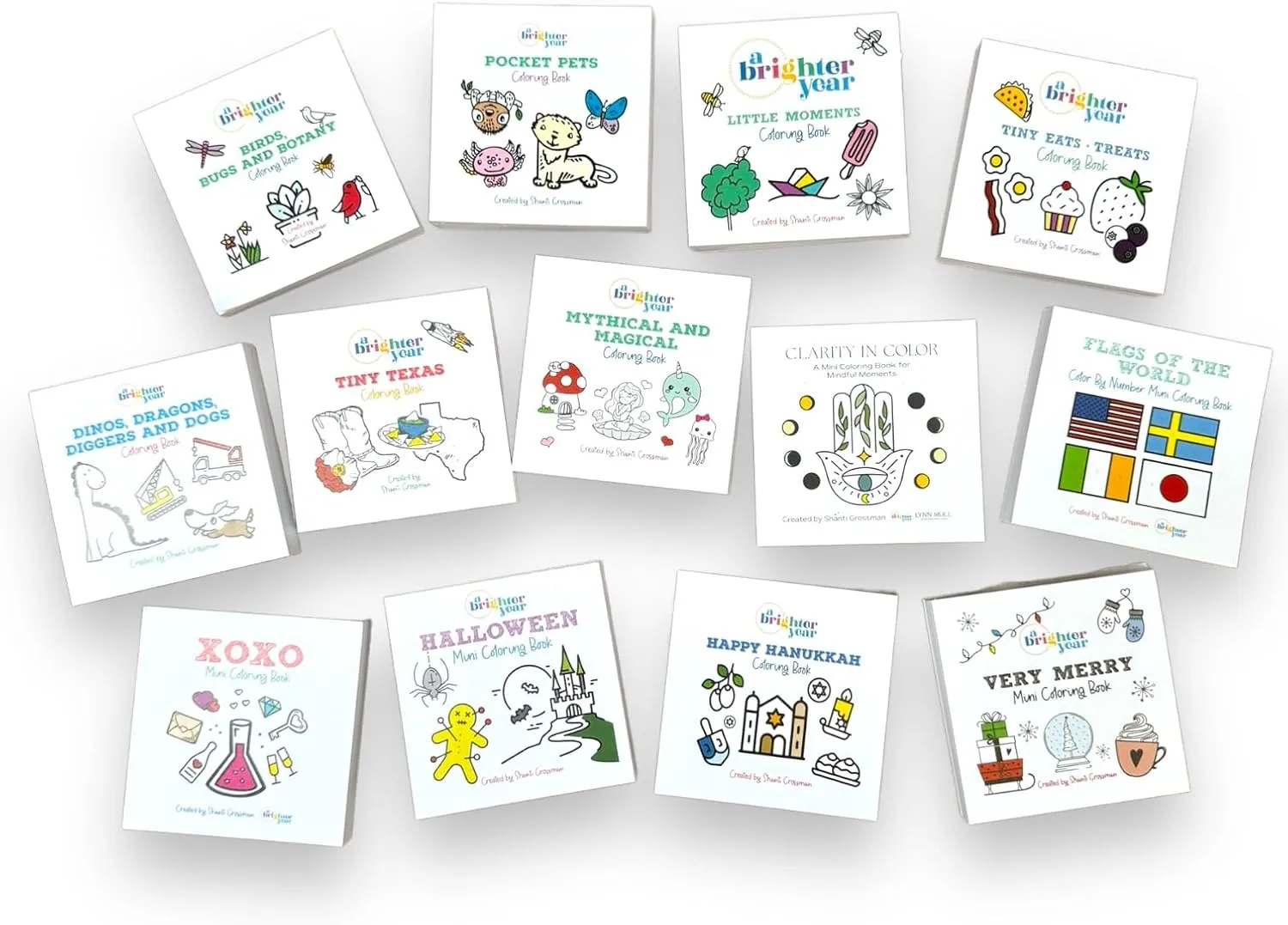 A Brighter Year The Original Adult Mini Coloring Book - 13 Piece Variety Pack - 3” x 3” Pocket Size, 50 Pages, Lay Flat Binding, Thick Paper, No Bleeding - Stress/Anxiety Relief - Relaxation, Gift