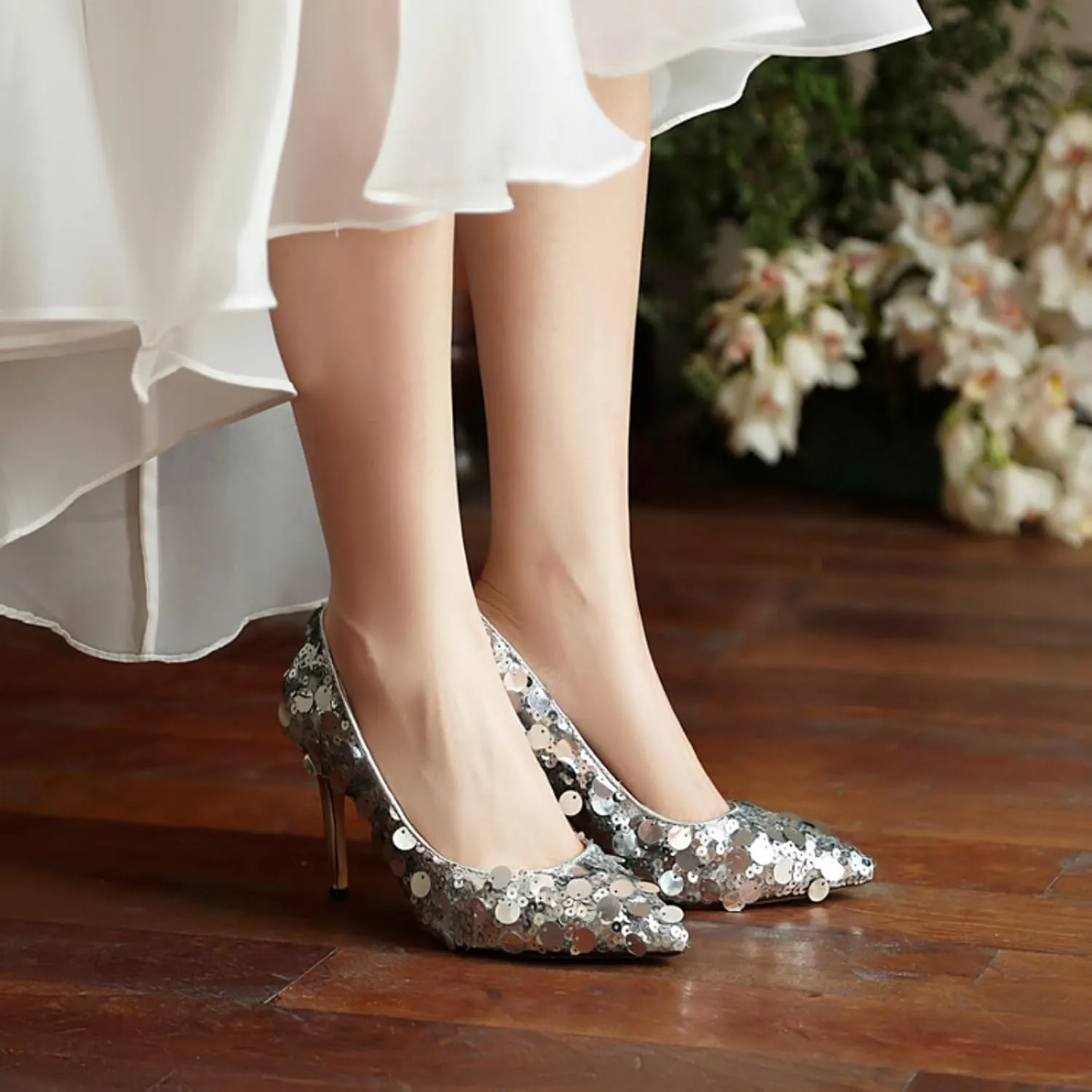 Aflngle Women's Dazzling Sequins Pointed Toe Stiletto High Heels Pumps Sexy Glitter Closed Slip On Elegant Comfortable Evening Wedding Party Prom Dress Shoes