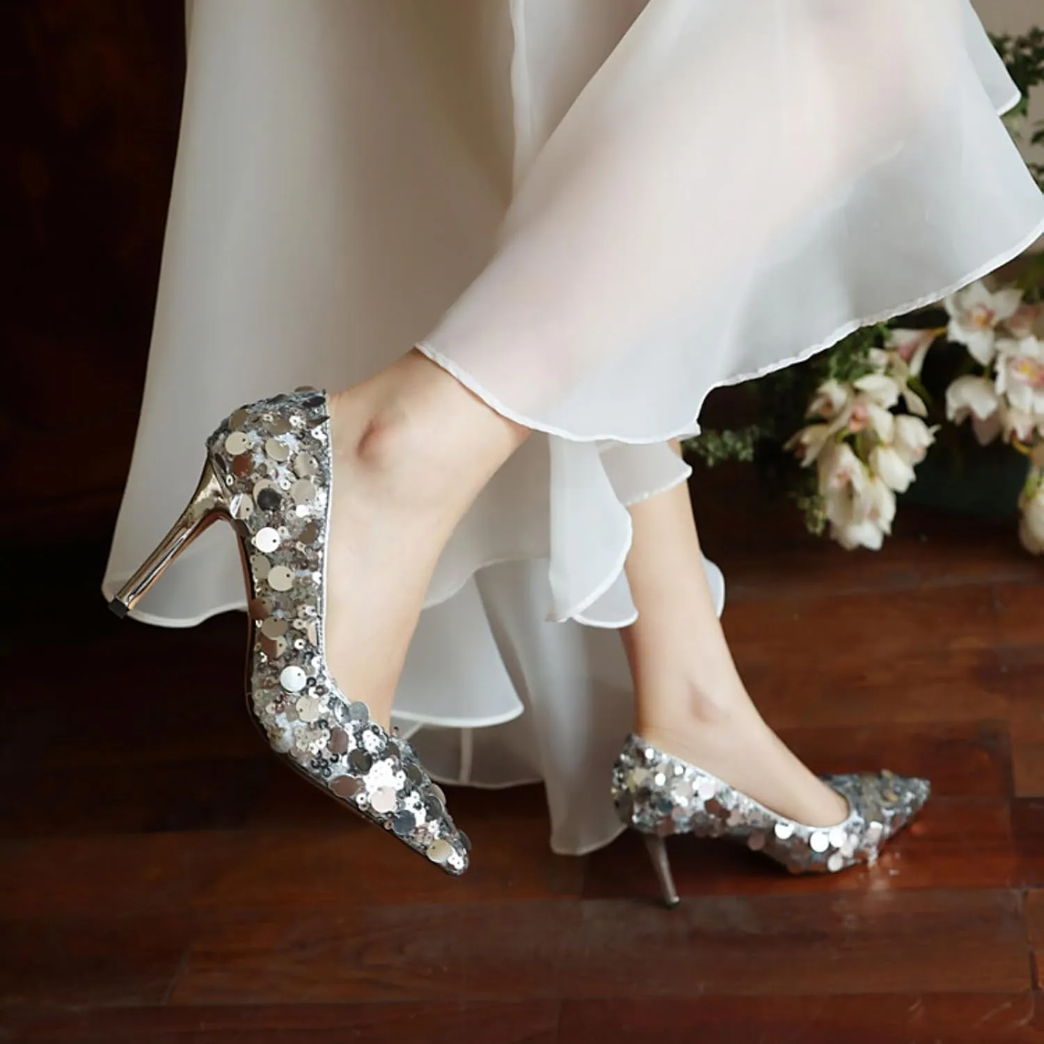 Aflngle Women's Dazzling Sequins Pointed Toe Stiletto High Heels Pumps Sexy Glitter Closed Slip On Elegant Comfortable Evening Wedding Party Prom Dress Shoes