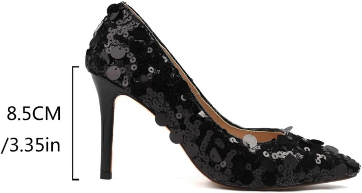 Aflngle Women's Dazzling Sequins Pointed Toe Stiletto High Heels Pumps Sexy Glitter Closed Slip On Elegant Comfortable Evening Wedding Party Prom Dress Shoes