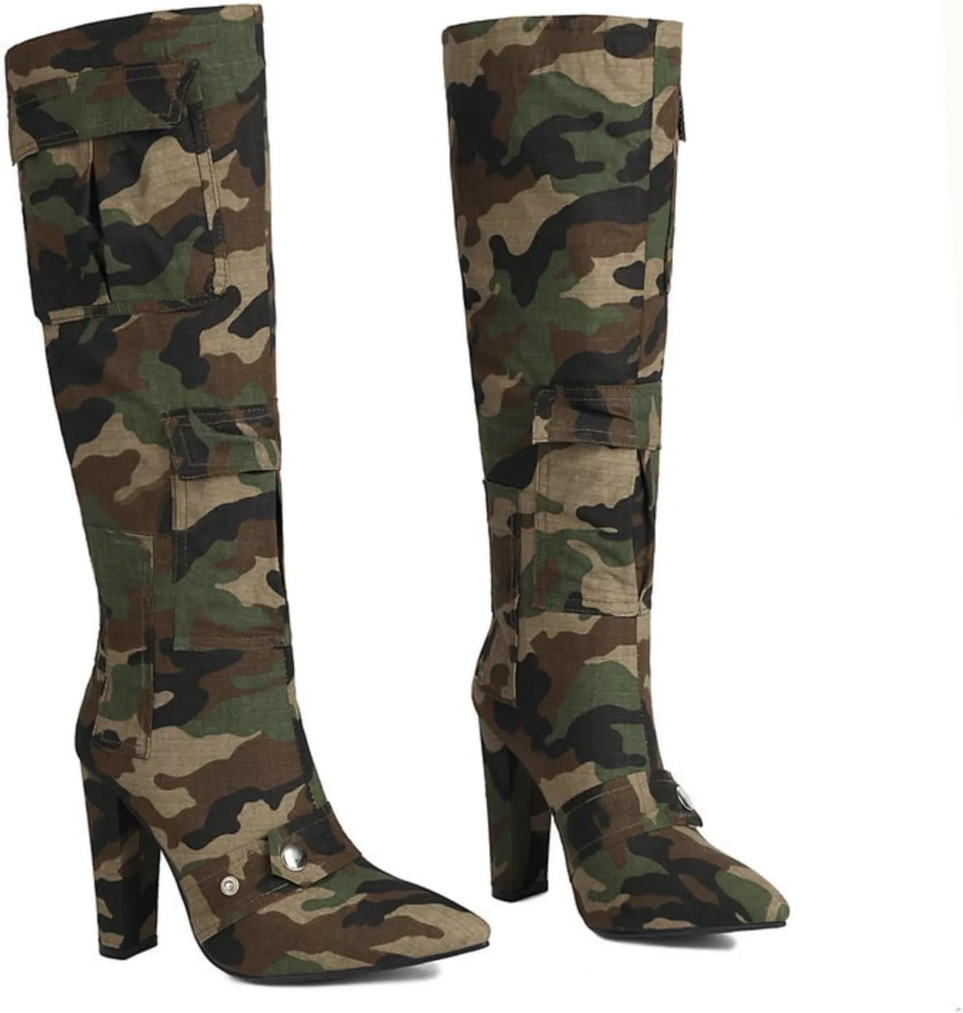 Aflngle Women's Denim Knee High Boots Camo Pointed Toe Chunky Heel Tall Boots Fashion Camouflage with Pocket Pull-on High Heeled Long Booties