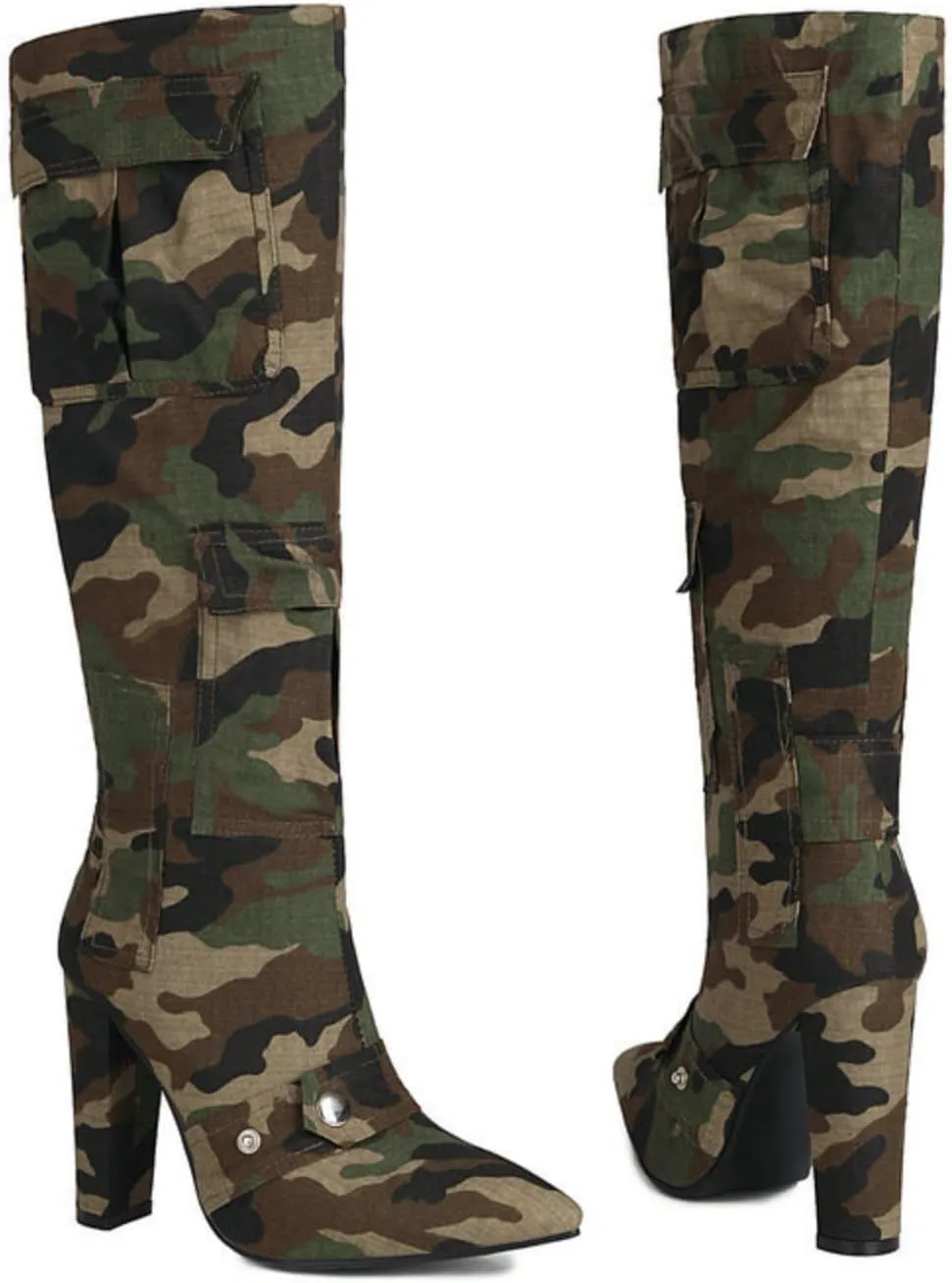 Aflngle Women's Denim Knee High Boots Camo Pointed Toe Chunky Heel Tall Boots Fashion Camouflage with Pocket Pull-on High Heeled Long Booties