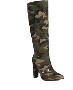 Aflngle Women's Denim Knee High Boots Camo Pointed Toe Chunky Heel Tall Boots Fashion Camouflage with Pocket Pull-on High Heeled Long Booties