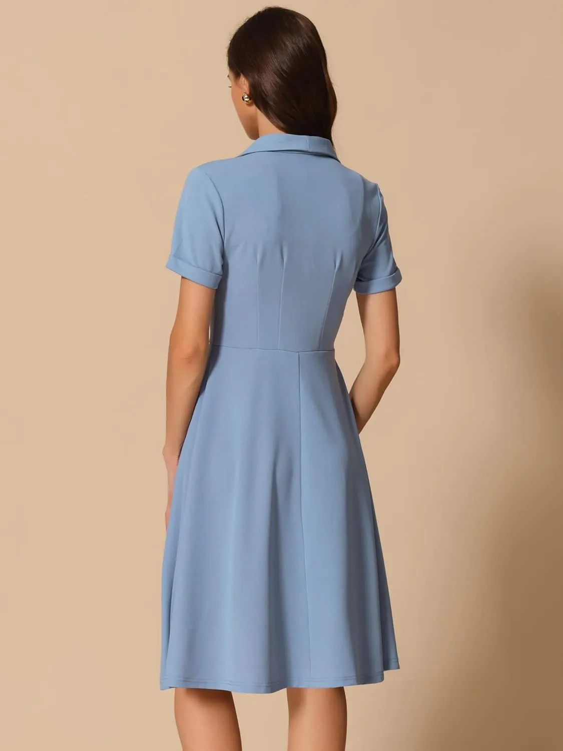 Allegra K Vintage Dresses for Women's 2025 Spring Flat Collar Short Sleeve Fit and Flare Dress