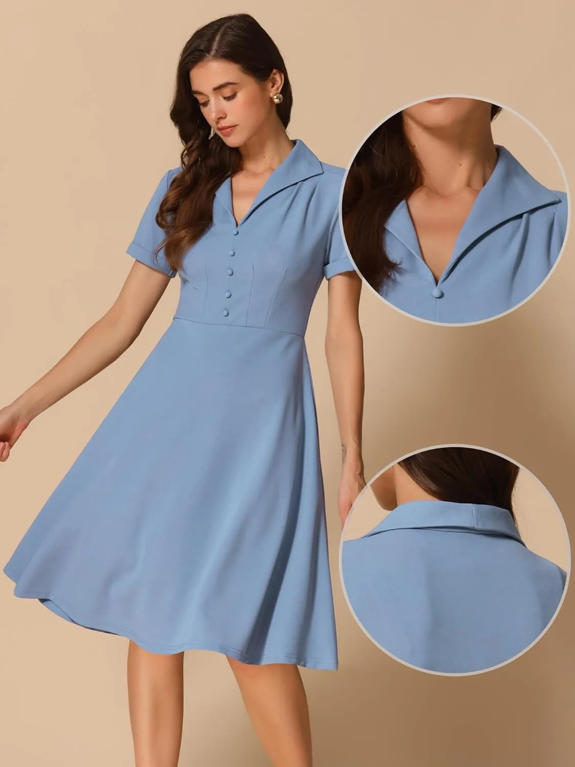 Allegra K Vintage Dresses for Women's 2025 Spring Flat Collar Short Sleeve Fit and Flare Dress