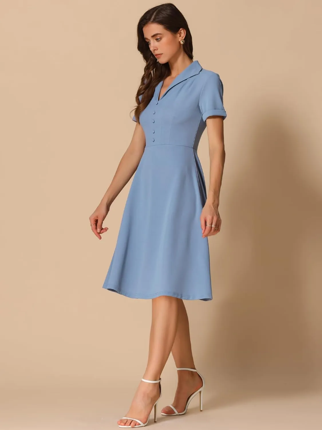 Allegra K Vintage Dresses for Women's 2025 Spring Flat Collar Short Sleeve Fit and Flare Dress