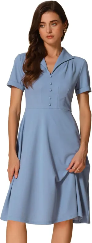 Allegra K Vintage Dresses for Women's 2025 Spring Flat Collar Short Sleeve Fit and Flare Dress
