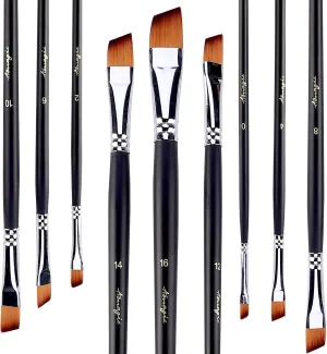 Amagic 9Pcs Angled Flat Tipped Art Paintbrush Set with Storage Container - Anti-Shedding Synthetic Nylon with Long Handle - Paint Brush for Watercolor, Acrylics, Ink, Gouache, Oil, Tempera