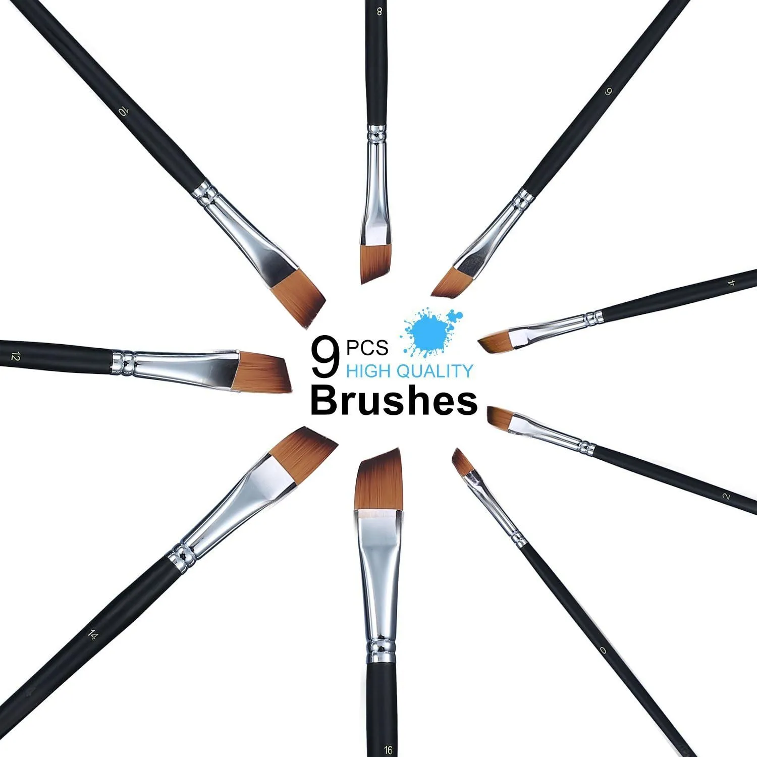 Amagic 9Pcs Angled Flat Tipped Art Paintbrush Set with Storage Container - Anti-Shedding Synthetic Nylon with Long Handle - Paint Brush for Watercolor, Acrylics, Ink, Gouache, Oil, Tempera
