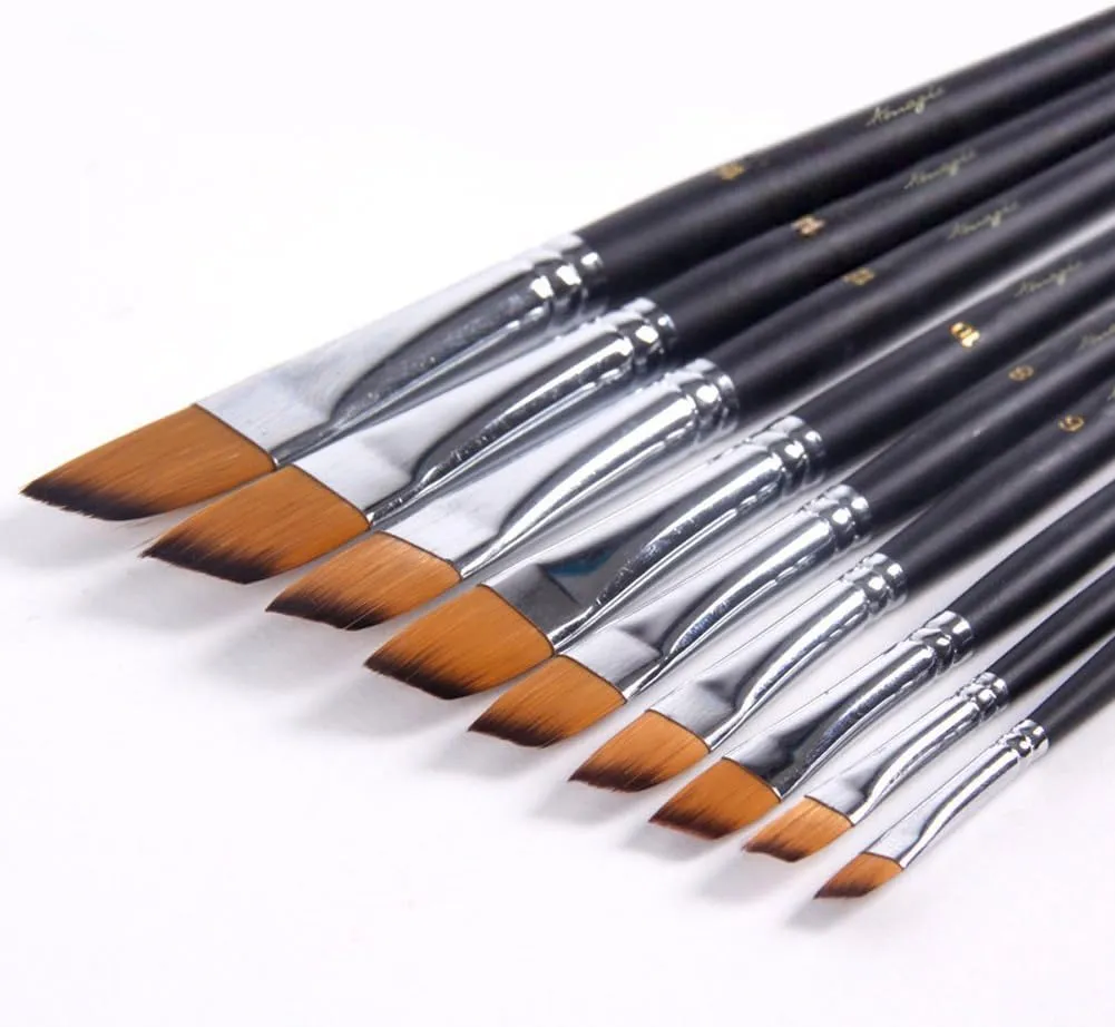 Amagic 9Pcs Angled Flat Tipped Art Paintbrush Set with Storage Container - Anti-Shedding Synthetic Nylon with Long Handle - Paint Brush for Watercolor, Acrylics, Ink, Gouache, Oil, Tempera