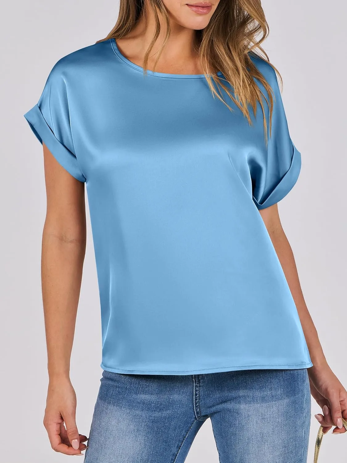 ANRABESS Women's Summer Dressy Casual Short Sleeve Shirts Crewneck Silk Satin Business Office Work Blouse Tops