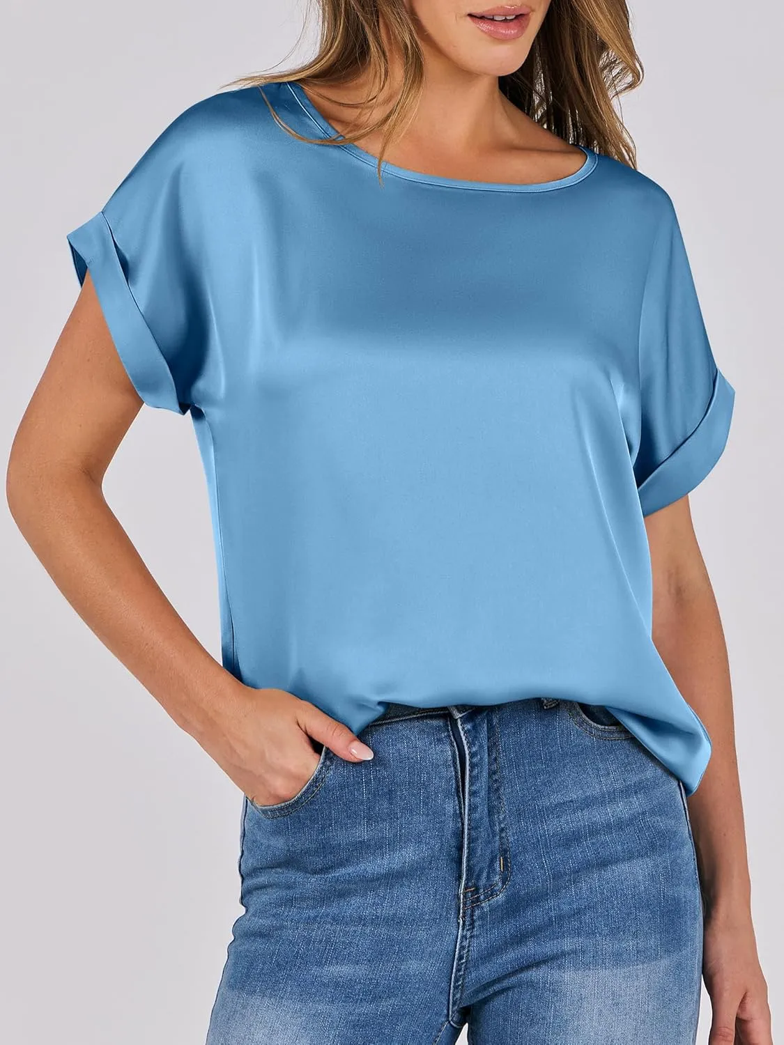 ANRABESS Women's Summer Dressy Casual Short Sleeve Shirts Crewneck Silk Satin Business Office Work Blouse Tops