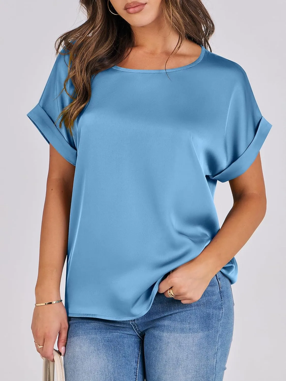 ANRABESS Women's Summer Dressy Casual Short Sleeve Shirts Crewneck Silk Satin Business Office Work Blouse Tops