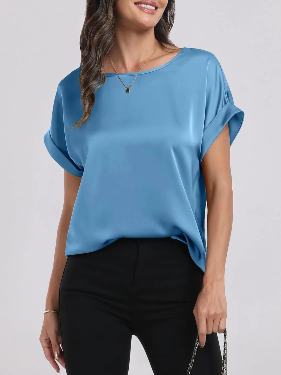 ANRABESS Women's Summer Dressy Casual Short Sleeve Shirts Crewneck Silk Satin Business Office Work Blouse Tops