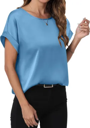 ANRABESS Women's Summer Dressy Casual Short Sleeve Shirts Crewneck Silk Satin Business Office Work Blouse Tops