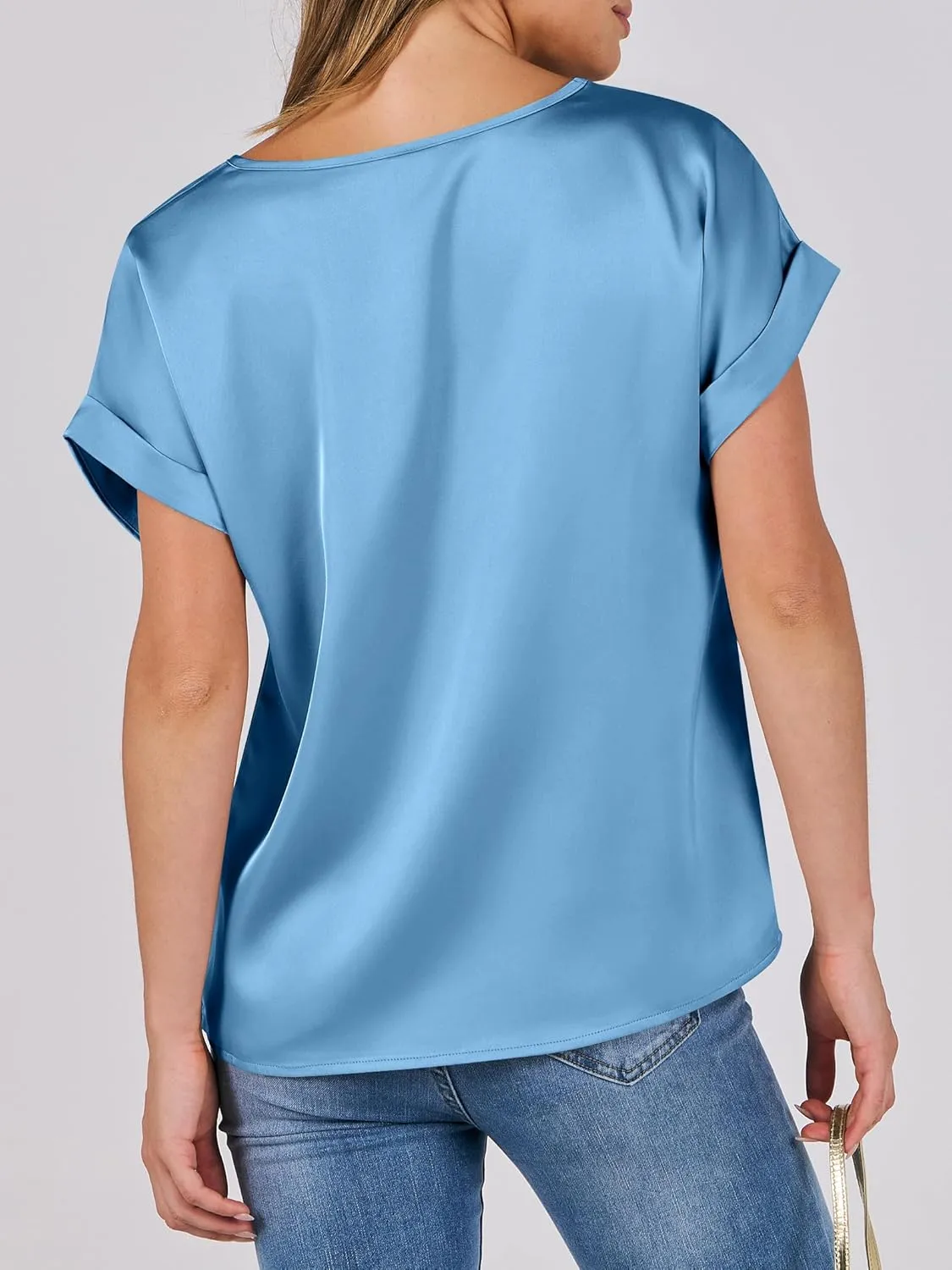 ANRABESS Women's Summer Dressy Casual Short Sleeve Shirts Crewneck Silk Satin Business Office Work Blouse Tops