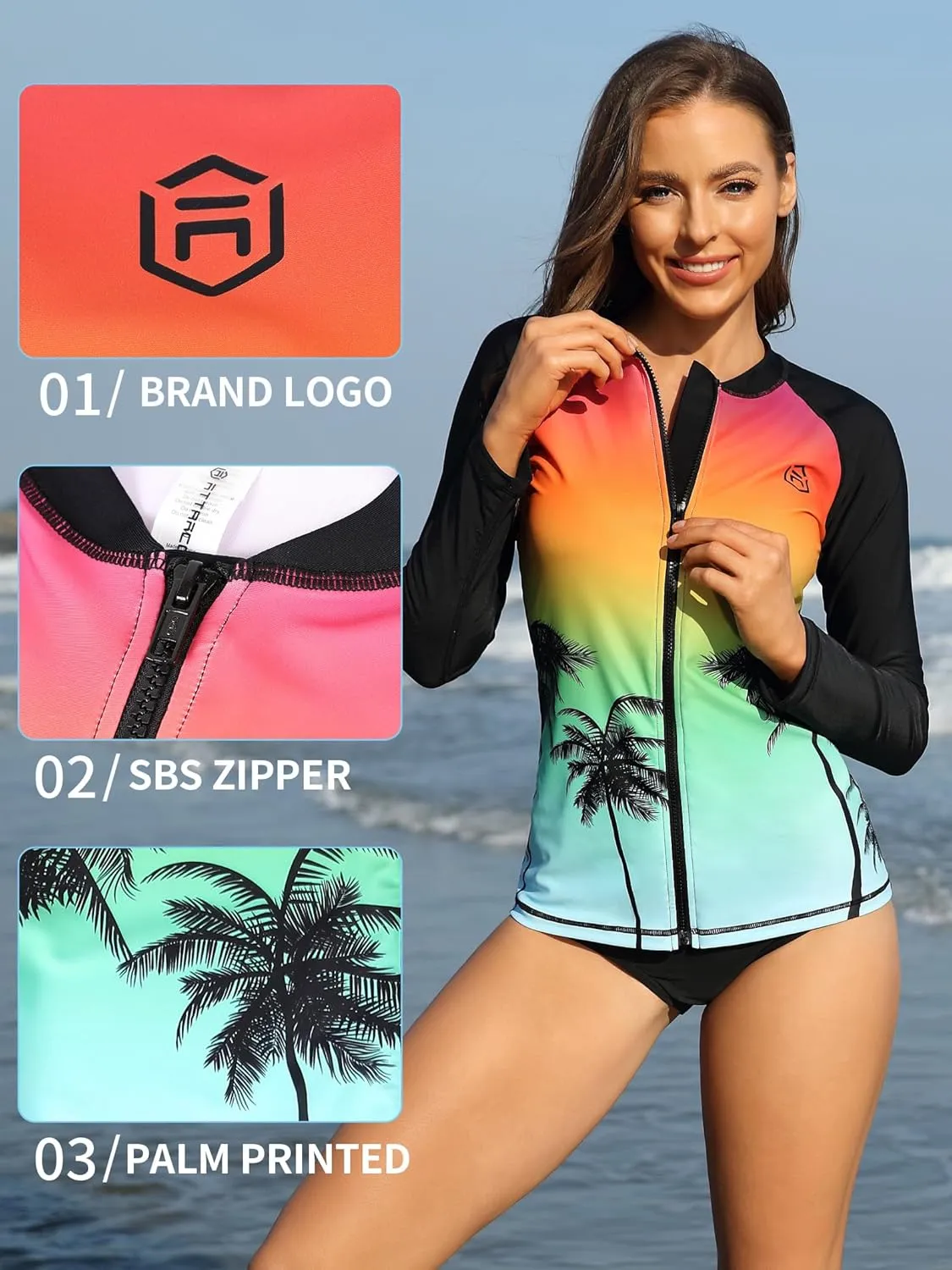ATTRACO Women's Long Sleeve Rash Guard UV Sun Protection Zipper Gradient Swimsuit Top