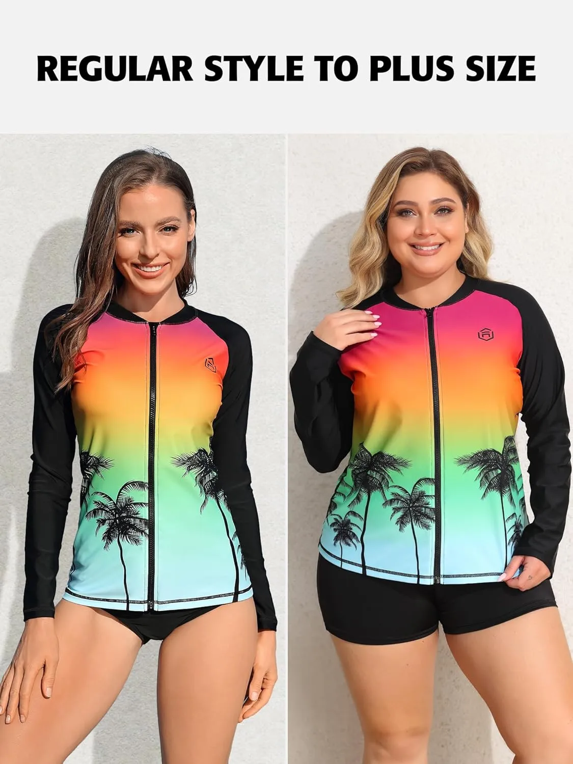 ATTRACO Women's Long Sleeve Rash Guard UV Sun Protection Zipper Gradient Swimsuit Top