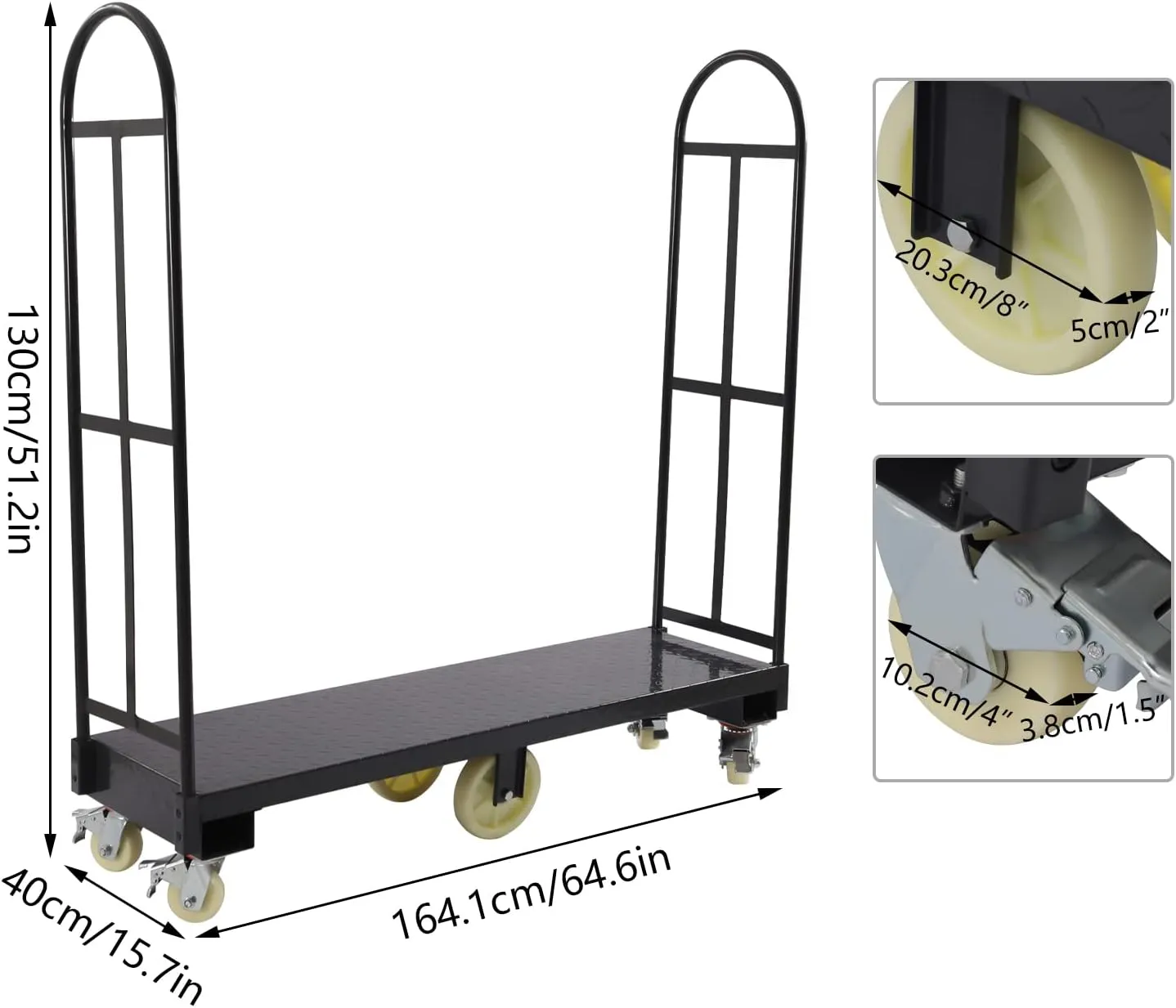 Bepritm Narrow Aisle Steel Platform Cart Dolly with 6 Wheels, Heavy Duty Industrial Uboat Platform Truck Hold Loads Up 2000lbs, for Transporting Heavy Items (64.6 * 15.7 * 51.2)