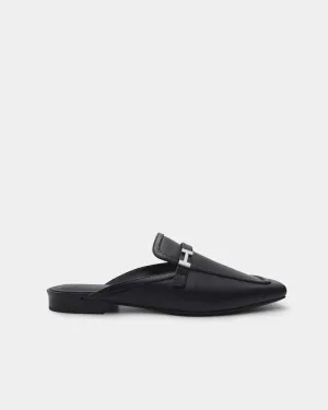 Black Leather Flat Loafer Mules