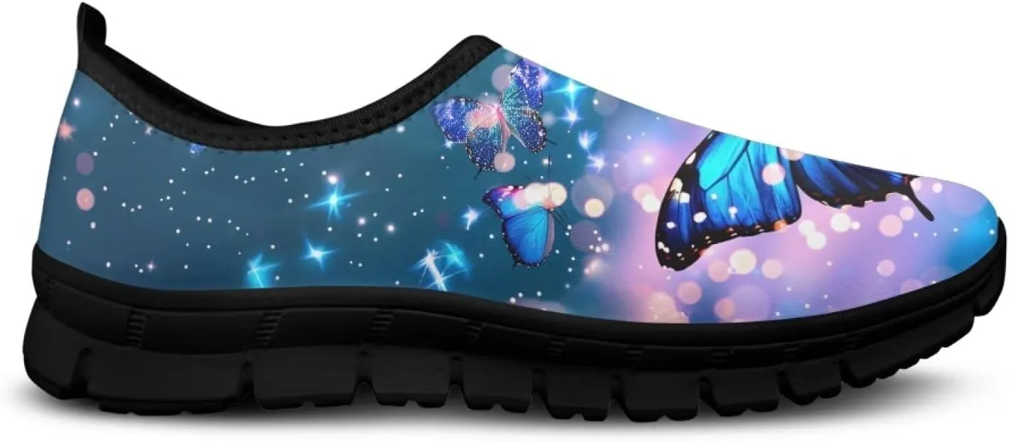 Butterfly Dragonfly Flower Print Women's Slip on Shoes Loafer Mesh Running Shoes Nurse Walking Sneakers Memory Foam Casual Sock Shoes for Camping