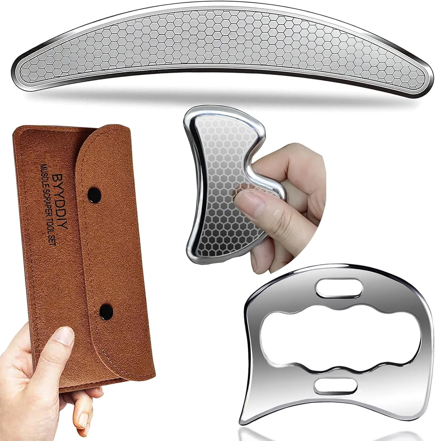 BYYDDIY 3 in 1 Gua Sha Muscle Scraper Tool Set,Scraping Massage Tools Kit & IASTM Tool for Physical Therapy,Muscle Scraper Kit for Massage Scraper Tool, for Relieve Muscle Pain and Tension(C1B1D)