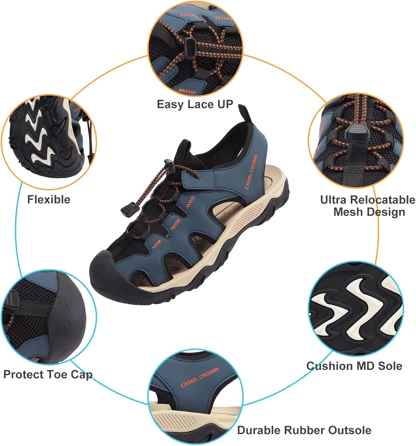 CAMEL CROWN Men's Hiking Sandals Anti-Slipping Athletic Water Shoes with Arch Support Closed Toe Outdoor Summer Camping Sandal for Beach