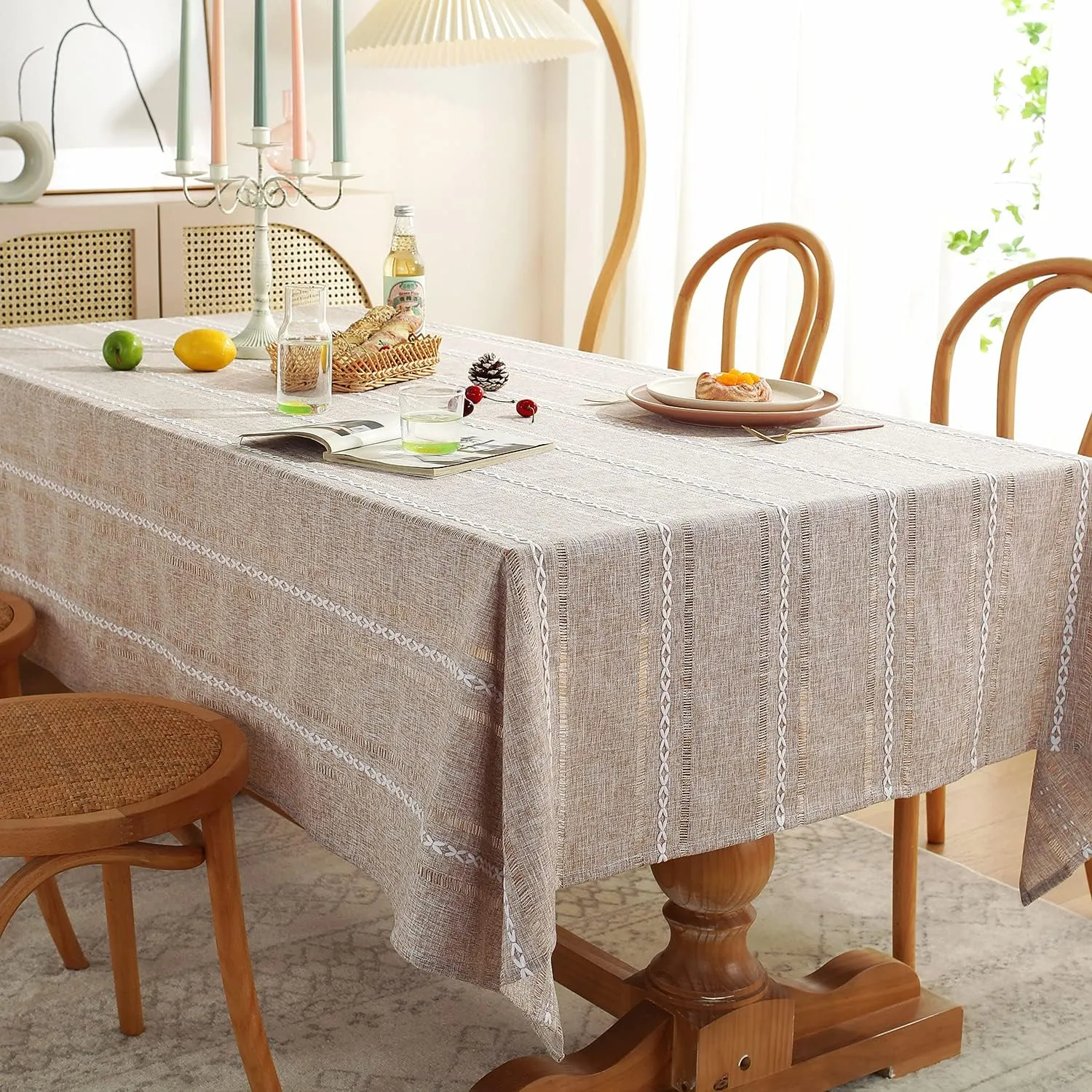 Chassic 60 x 120 inches Farmhouse Style Linen tablecloths, Wrinkle Resistant Washable Dining Room Table Cloths for 8 Foot Rectangle Tables - Hemstitch Light Coffee