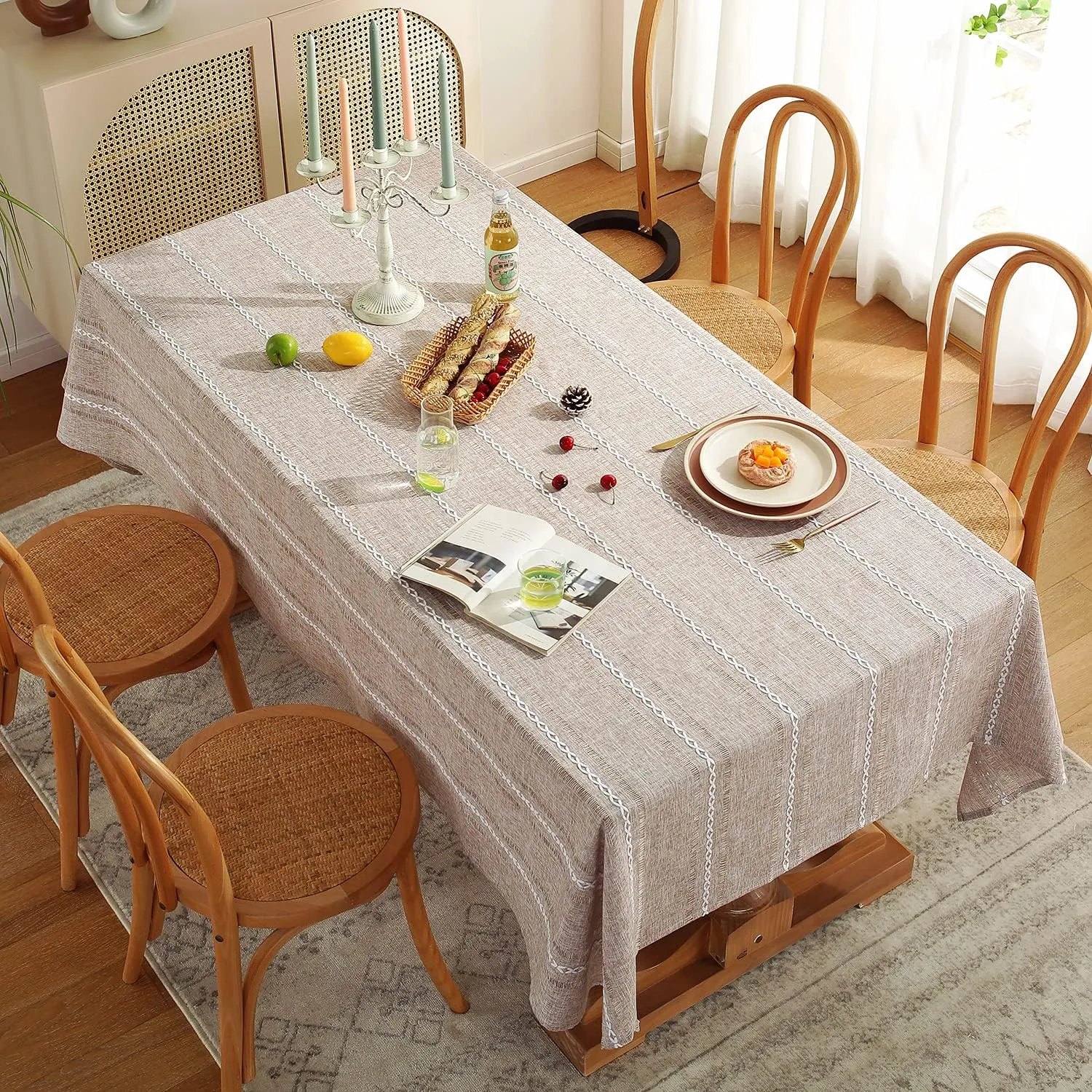 Chassic 60 x 120 inches Farmhouse Style Linen tablecloths, Wrinkle Resistant Washable Dining Room Table Cloths for 8 Foot Rectangle Tables - Hemstitch Light Coffee