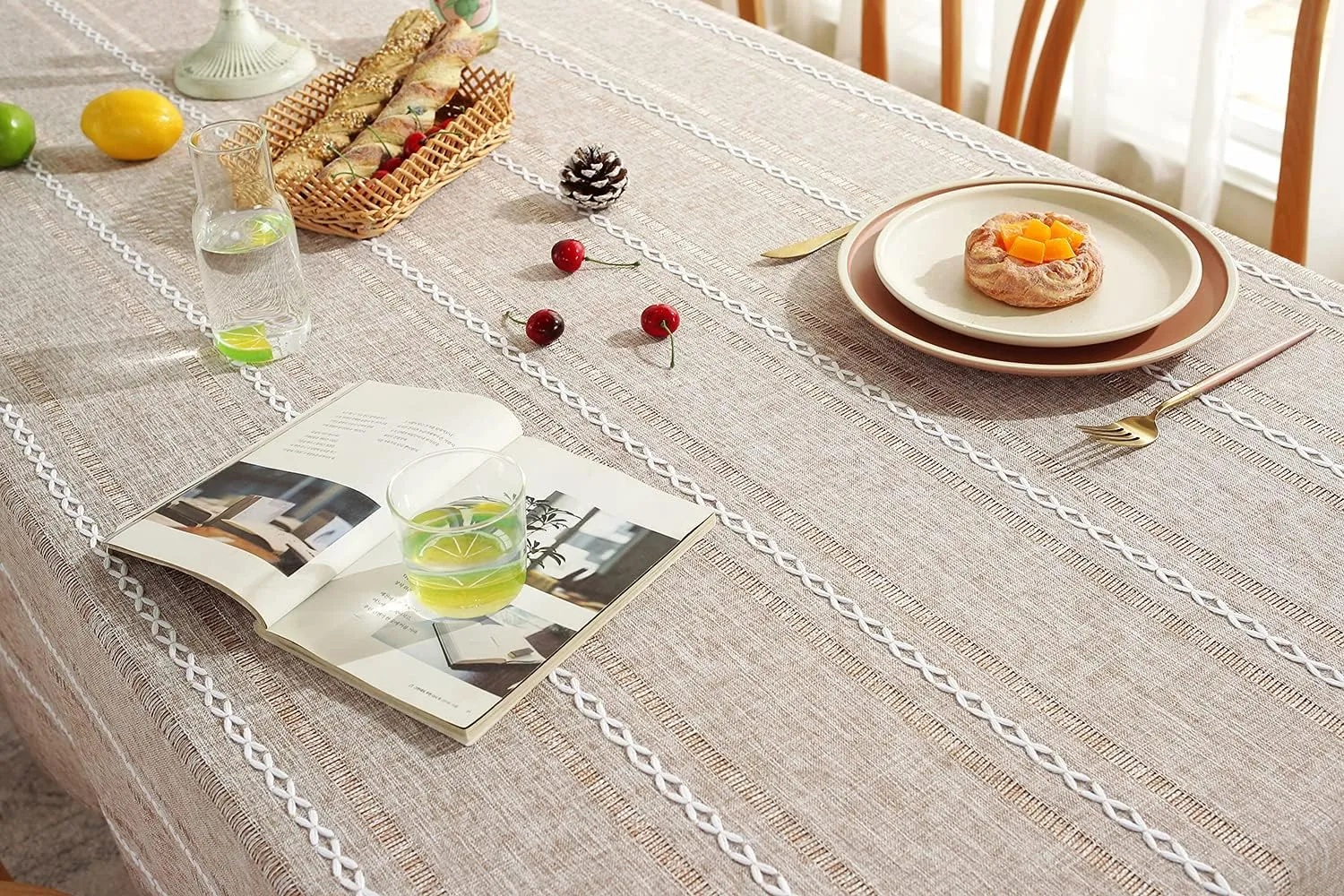 Chassic 60 x 120 inches Farmhouse Style Linen tablecloths, Wrinkle Resistant Washable Dining Room Table Cloths for 8 Foot Rectangle Tables - Hemstitch Light Coffee
