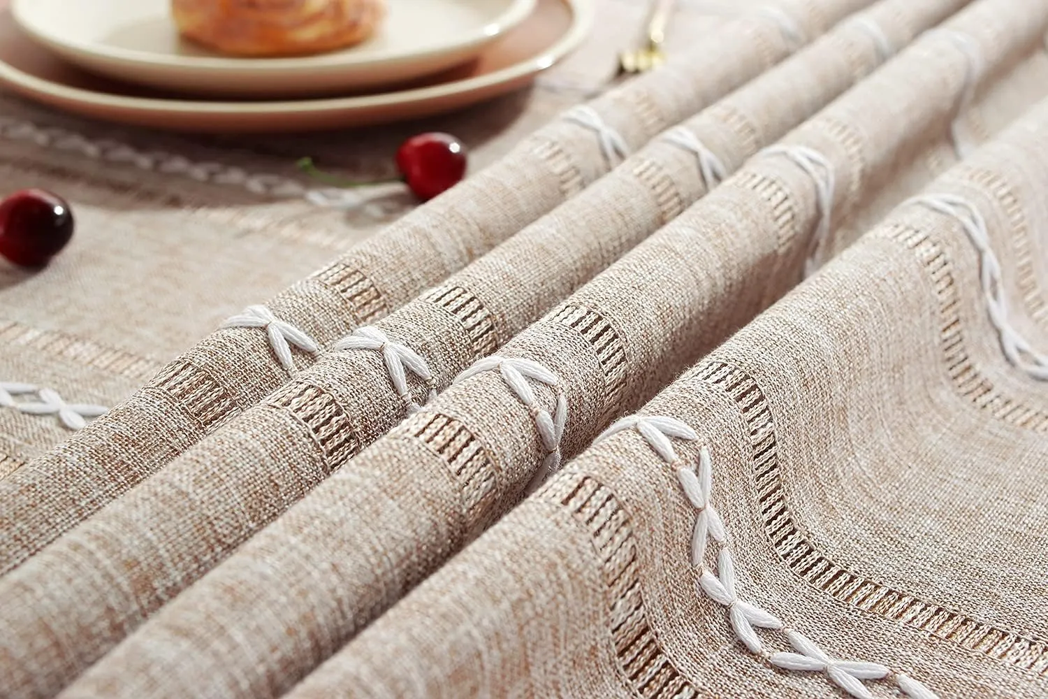 Chassic 60 x 120 inches Farmhouse Style Linen tablecloths, Wrinkle Resistant Washable Dining Room Table Cloths for 8 Foot Rectangle Tables - Hemstitch Light Coffee