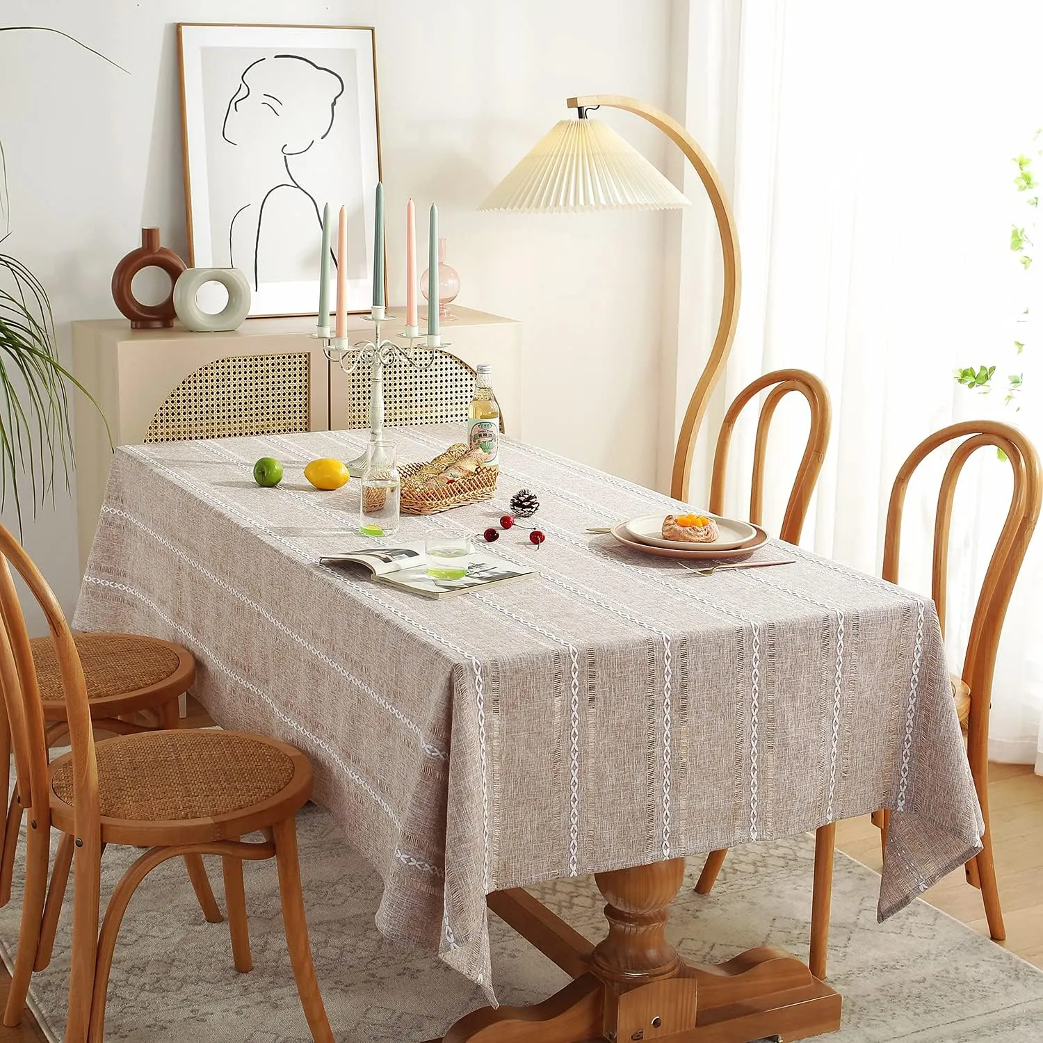 Chassic 60 x 120 inches Farmhouse Style Linen tablecloths, Wrinkle Resistant Washable Dining Room Table Cloths for 8 Foot Rectangle Tables - Hemstitch Light Coffee