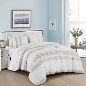 Chezmoi Collection Liliana King Bed in a Bag 7-Pieces White Gray Geometric 3D Embroidery Pleated Stripe Comforter Set with Sheets All Season Bedding Set, King