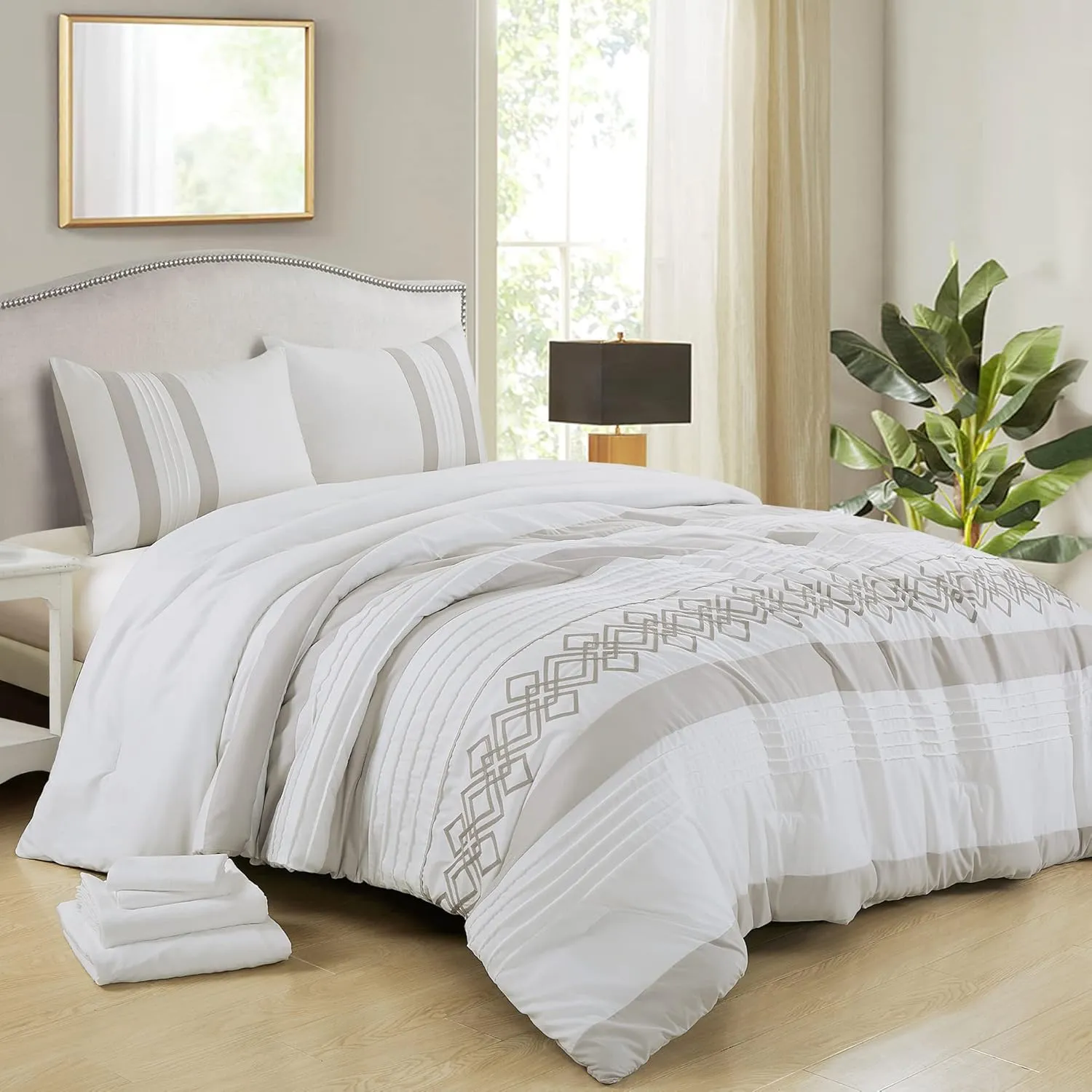 Chezmoi Collection Liliana King Bed in a Bag 7-Pieces White Gray Geometric 3D Embroidery Pleated Stripe Comforter Set with Sheets All Season Bedding Set, King