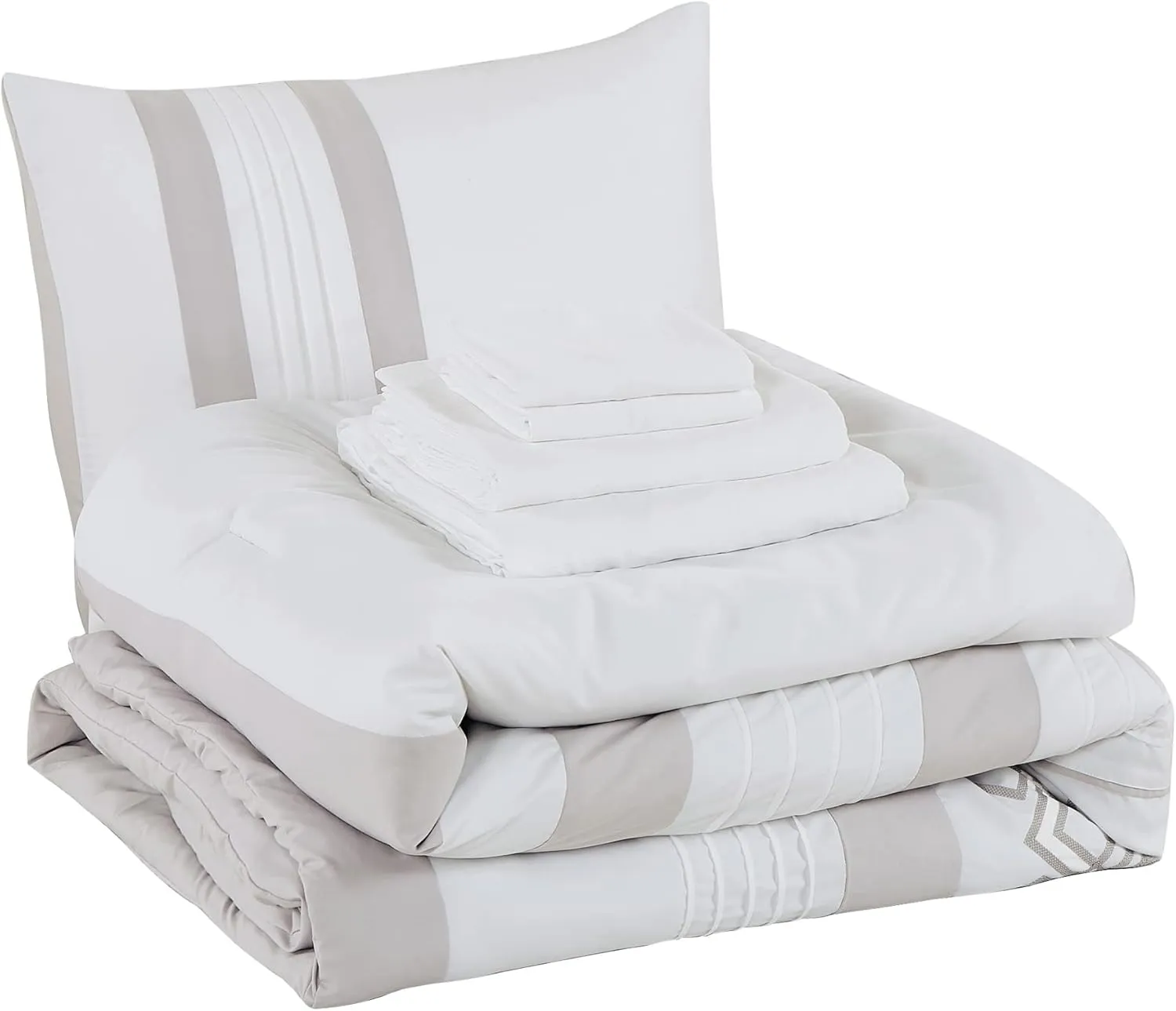Chezmoi Collection Liliana King Bed in a Bag 7-Pieces White Gray Geometric 3D Embroidery Pleated Stripe Comforter Set with Sheets All Season Bedding Set, King