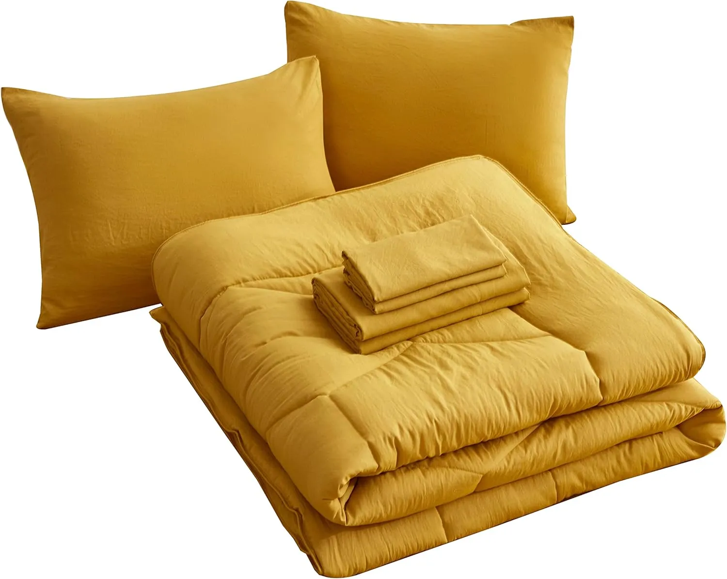 Chezmoi Collection Piper Oversized King Bed in a Bag 7-Pieces Honeycomb Geometric Quilted Stone Washed Microfiber Comforter with Sheets Lightweight All Season Bedding (Oversized King, Mustard Yellow)