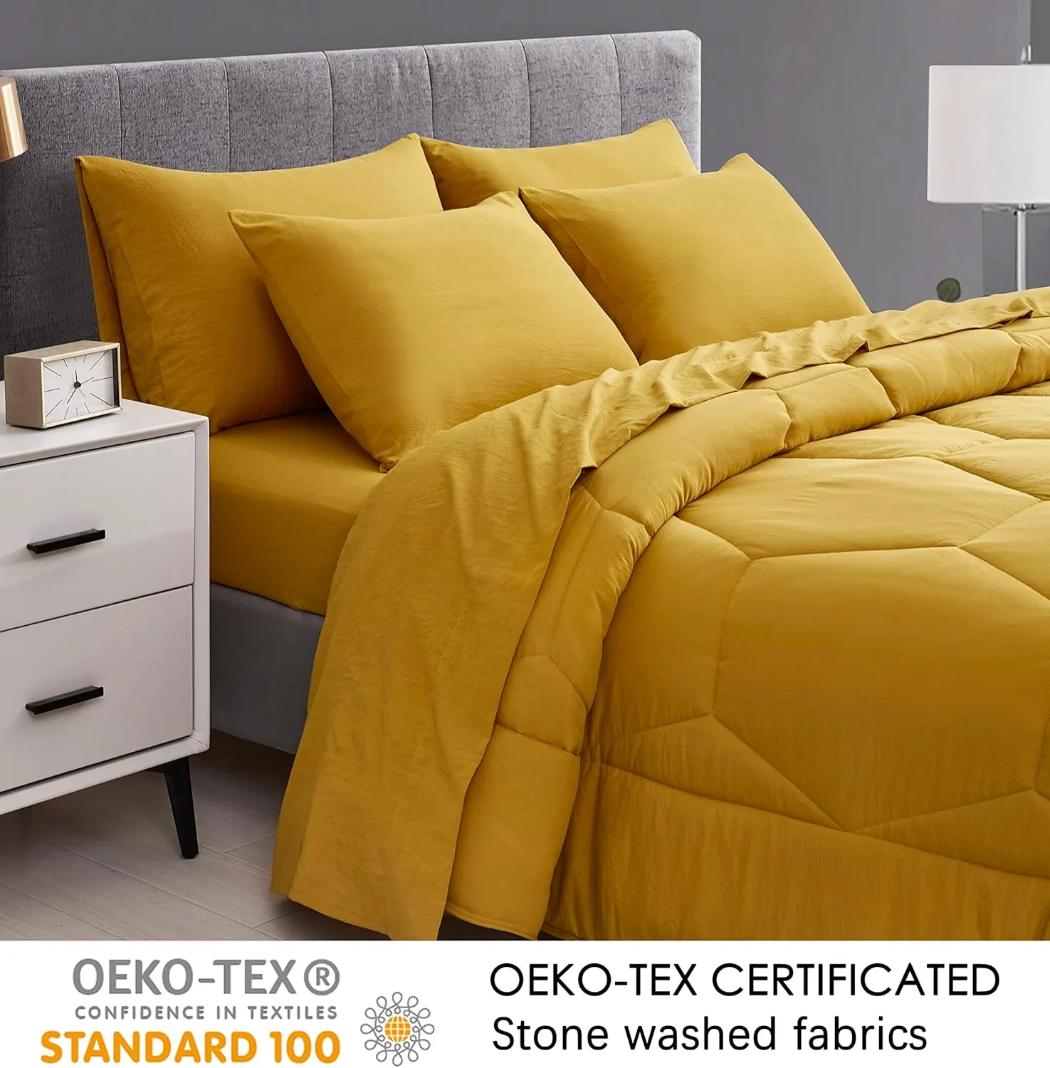 Chezmoi Collection Piper Oversized King Bed in a Bag 7-Pieces Honeycomb Geometric Quilted Stone Washed Microfiber Comforter with Sheets Lightweight All Season Bedding (Oversized King, Mustard Yellow)