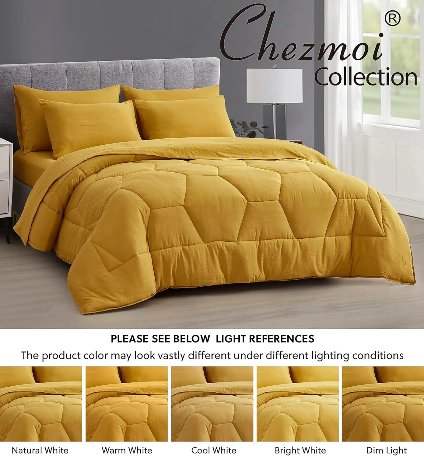 Chezmoi Collection Piper Oversized King Bed in a Bag 7-Pieces Honeycomb Geometric Quilted Stone Washed Microfiber Comforter with Sheets Lightweight All Season Bedding (Oversized King, Mustard Yellow)