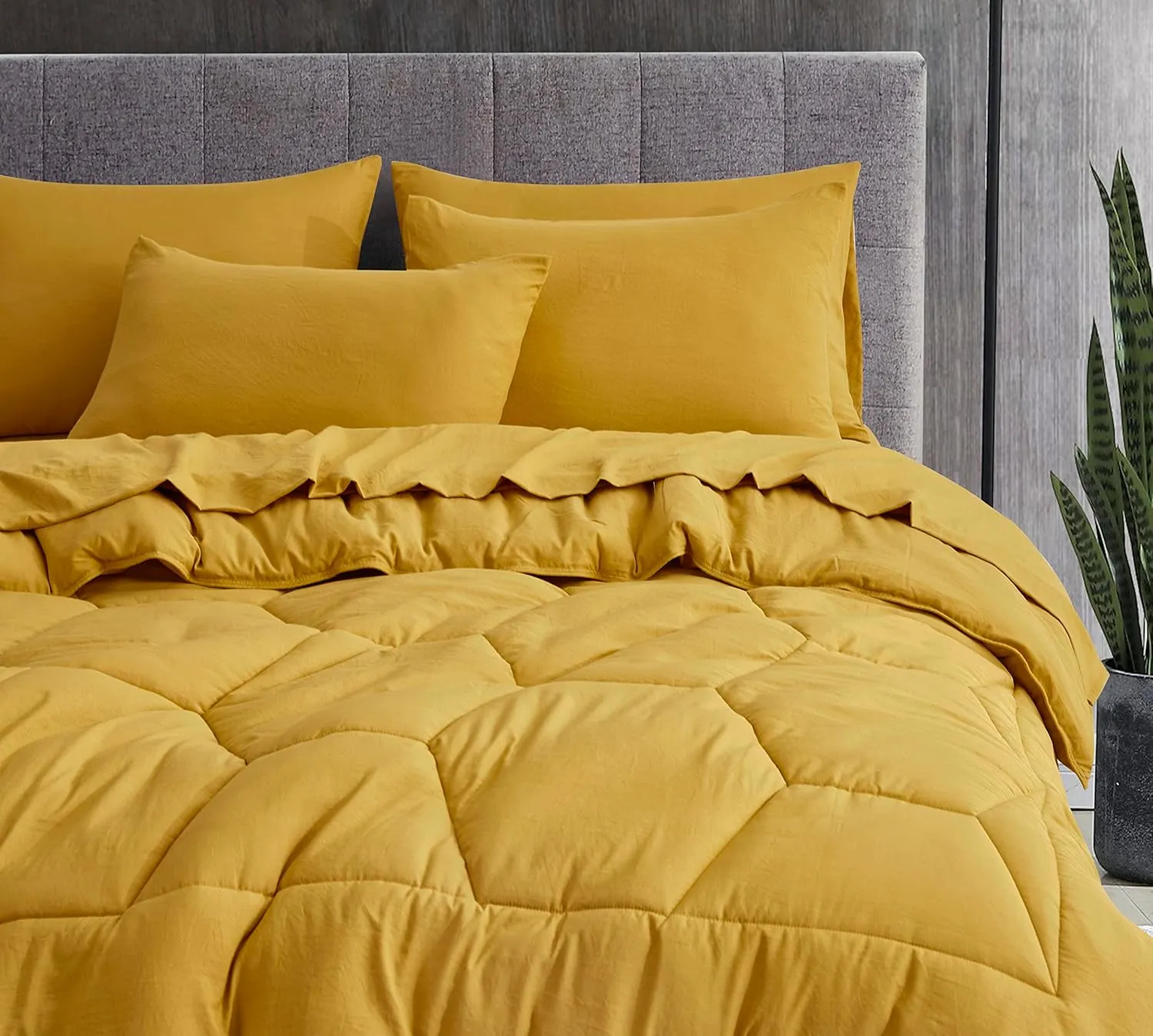 Chezmoi Collection Piper Oversized King Bed in a Bag 7-Pieces Honeycomb Geometric Quilted Stone Washed Microfiber Comforter with Sheets Lightweight All Season Bedding (Oversized King, Mustard Yellow)