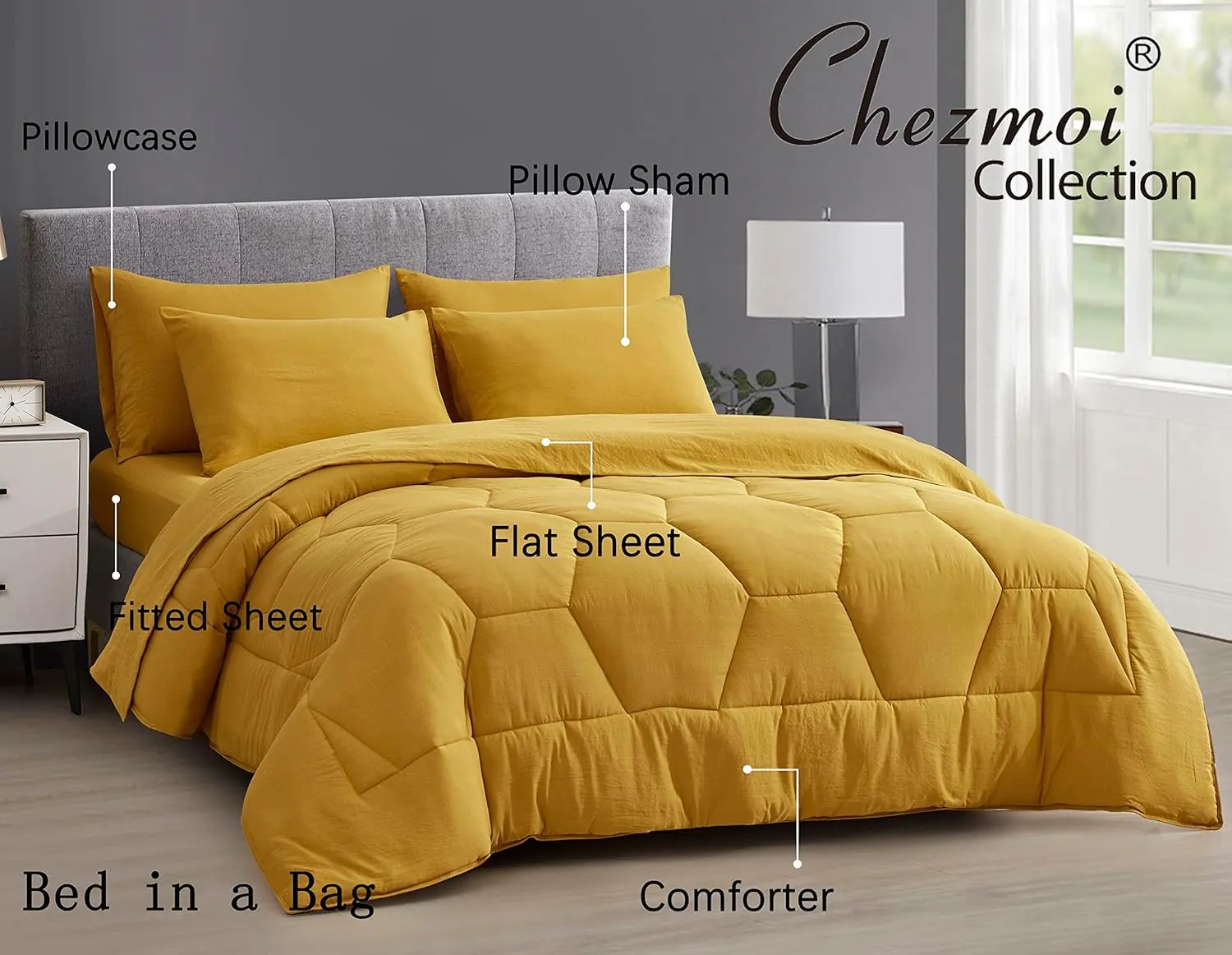 Chezmoi Collection Piper Oversized King Bed in a Bag 7-Pieces Honeycomb Geometric Quilted Stone Washed Microfiber Comforter with Sheets Lightweight All Season Bedding (Oversized King, Mustard Yellow)