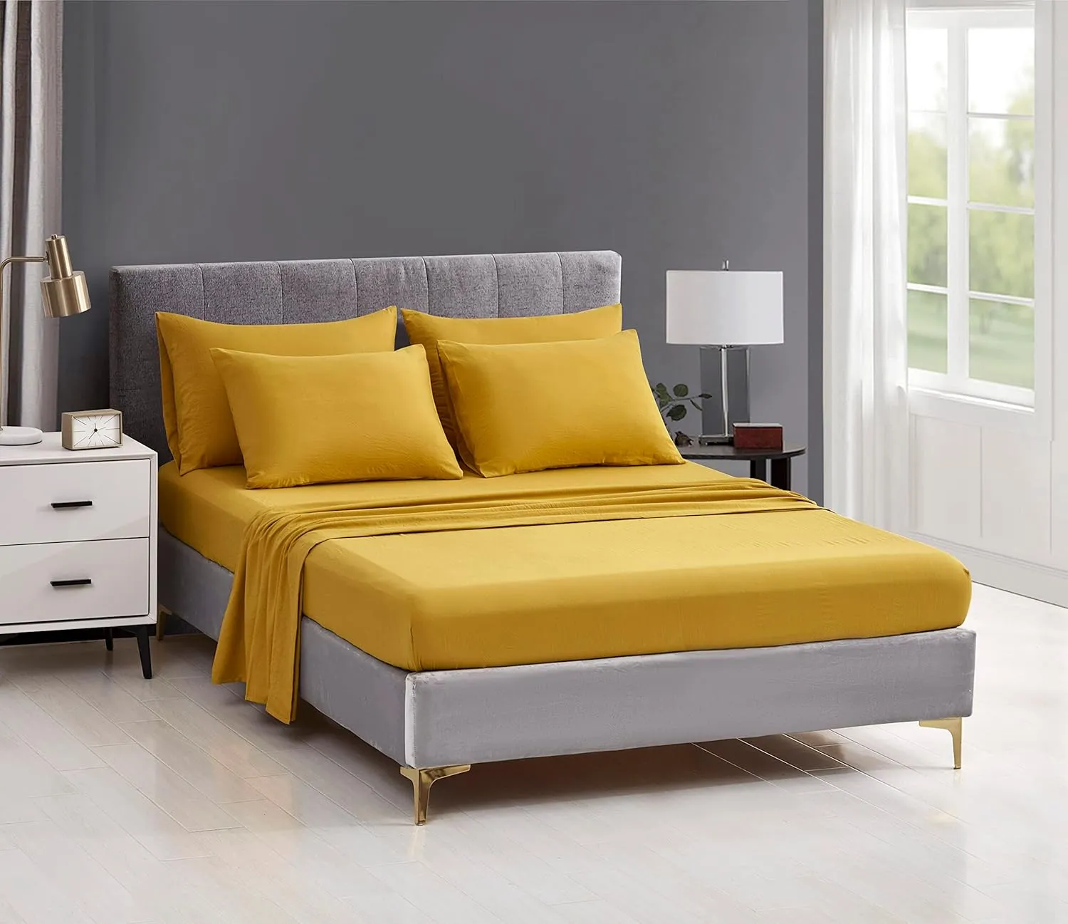Chezmoi Collection Piper Oversized King Bed in a Bag 7-Pieces Honeycomb Geometric Quilted Stone Washed Microfiber Comforter with Sheets Lightweight All Season Bedding (Oversized King, Mustard Yellow)