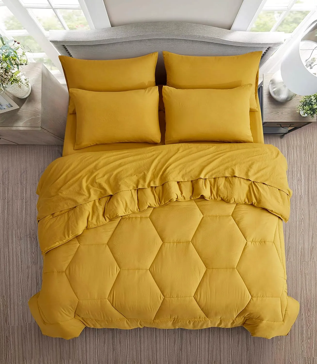 Chezmoi Collection Piper Oversized King Bed in a Bag 7-Pieces Honeycomb Geometric Quilted Stone Washed Microfiber Comforter with Sheets Lightweight All Season Bedding (Oversized King, Mustard Yellow)
