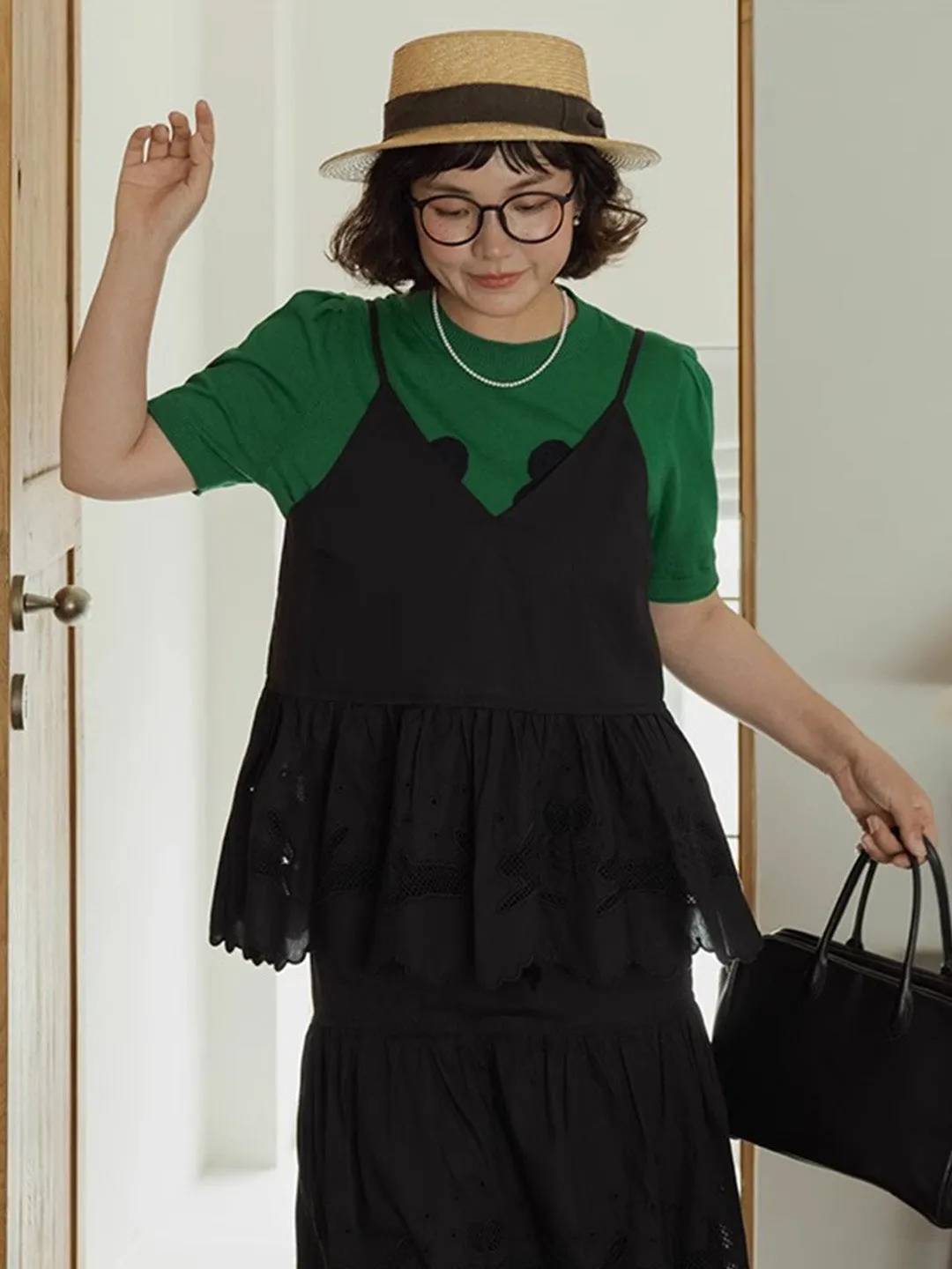 Chowxiaodou Puff-Sleeve Knit Linen T-Shirt